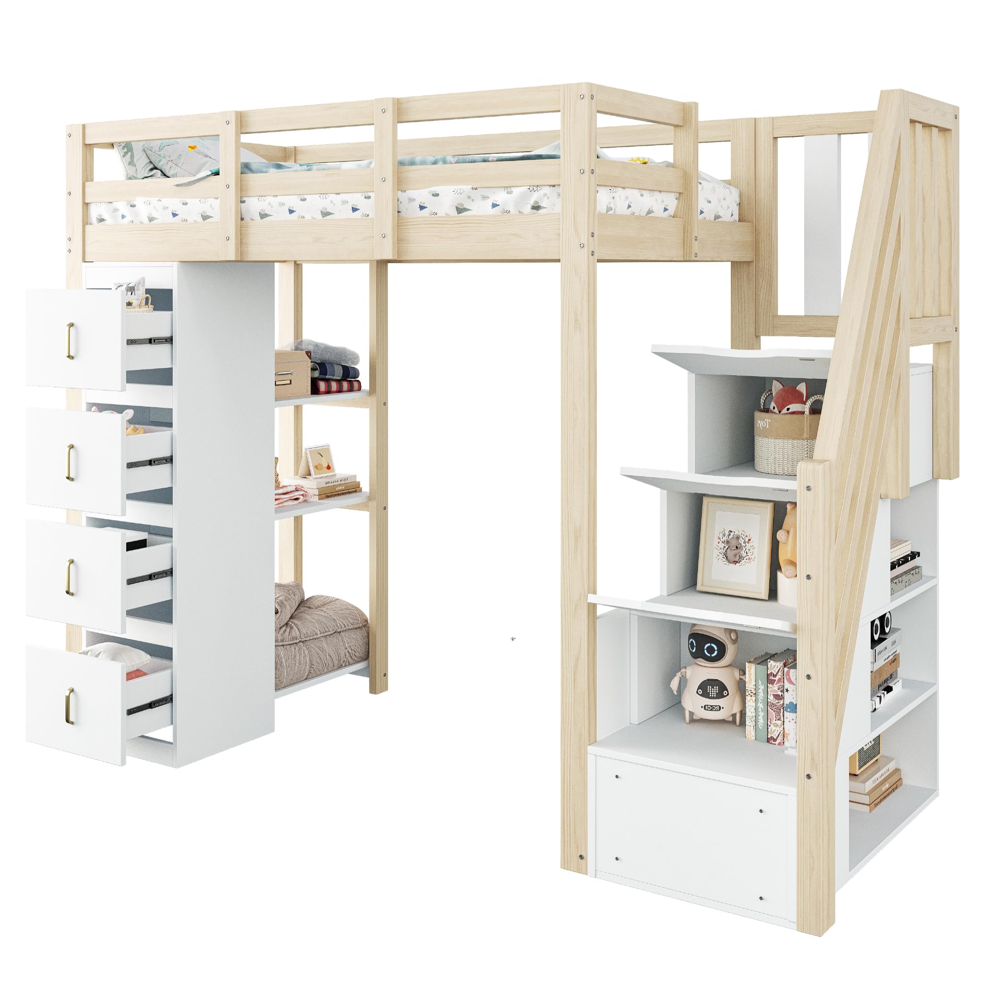 Cama alta 90 x 200 cm con cajones de almacenamiento, estantería de varios niveles, escalera segura, cama multifuncional de madera maciza, color madera natural