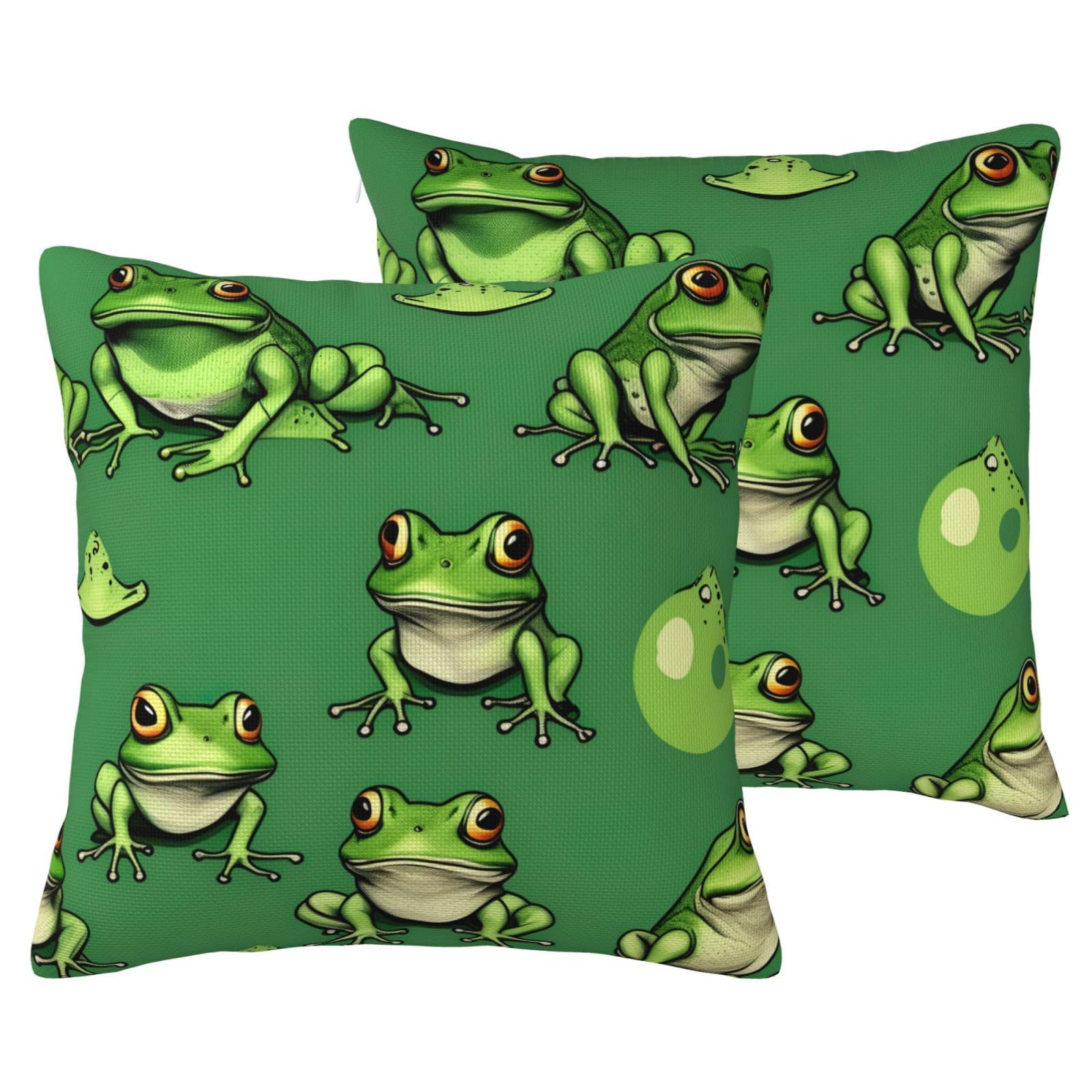 Housse de coussin en lin vert : lot de 2 taies décoratives grenouille amusante salon