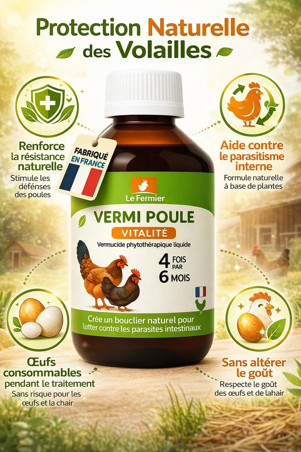 Vermipoule 500 ML – Vermifuge Naturel Poules & Volailles – Défense Contre Parasites Internes, Complément Alimentaire Liquide – sans Risque pour Œufs – Solution Buvable (500 ML)