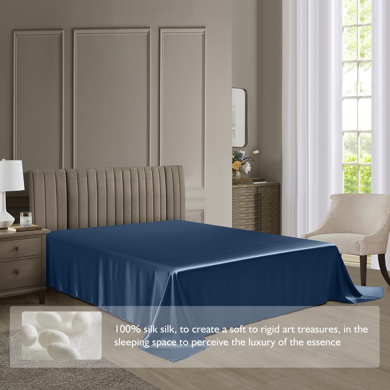 DISANGNI 100% Mulberry Silk Flat Sheet - 22 Momme, Natural 6A Grade, Luxurious and Smooth, Hypoallergenic, Breathable, Skin-Friendly (Blue, Twin)