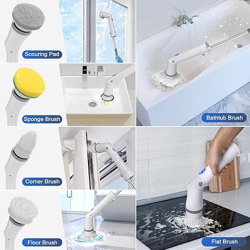 Miniatura 5 de Qimedo Limpiador eléctrico recargable mejorado para limpieza, limpiador giratorio de mano de 45 pulgadas con mango largo extendido, limpiador