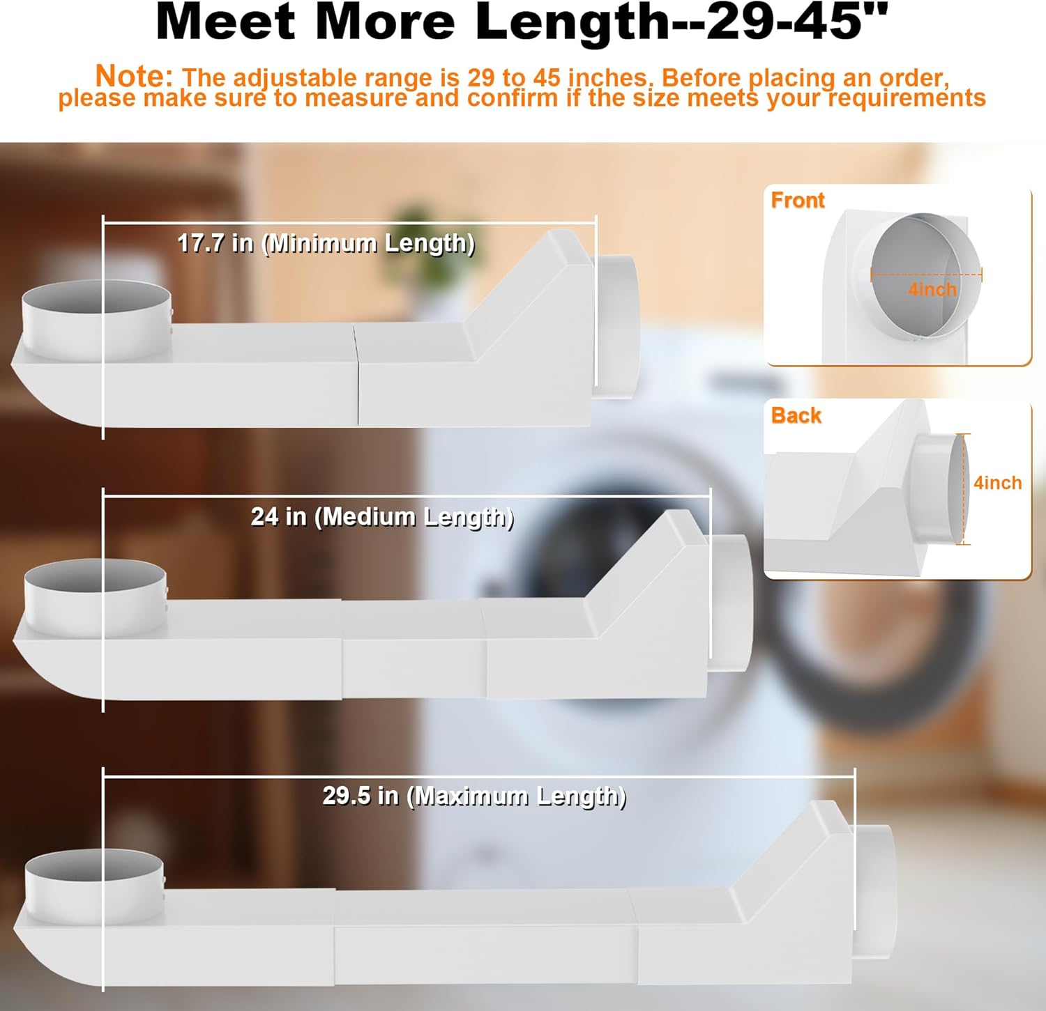 upgraded ud48s periscope dryer vent, 17.7-29.5" adjustable stainless steel flat vent duct, telescoping dryer vent kit for whirlpool and all 4in dryer vent space saving vent connector