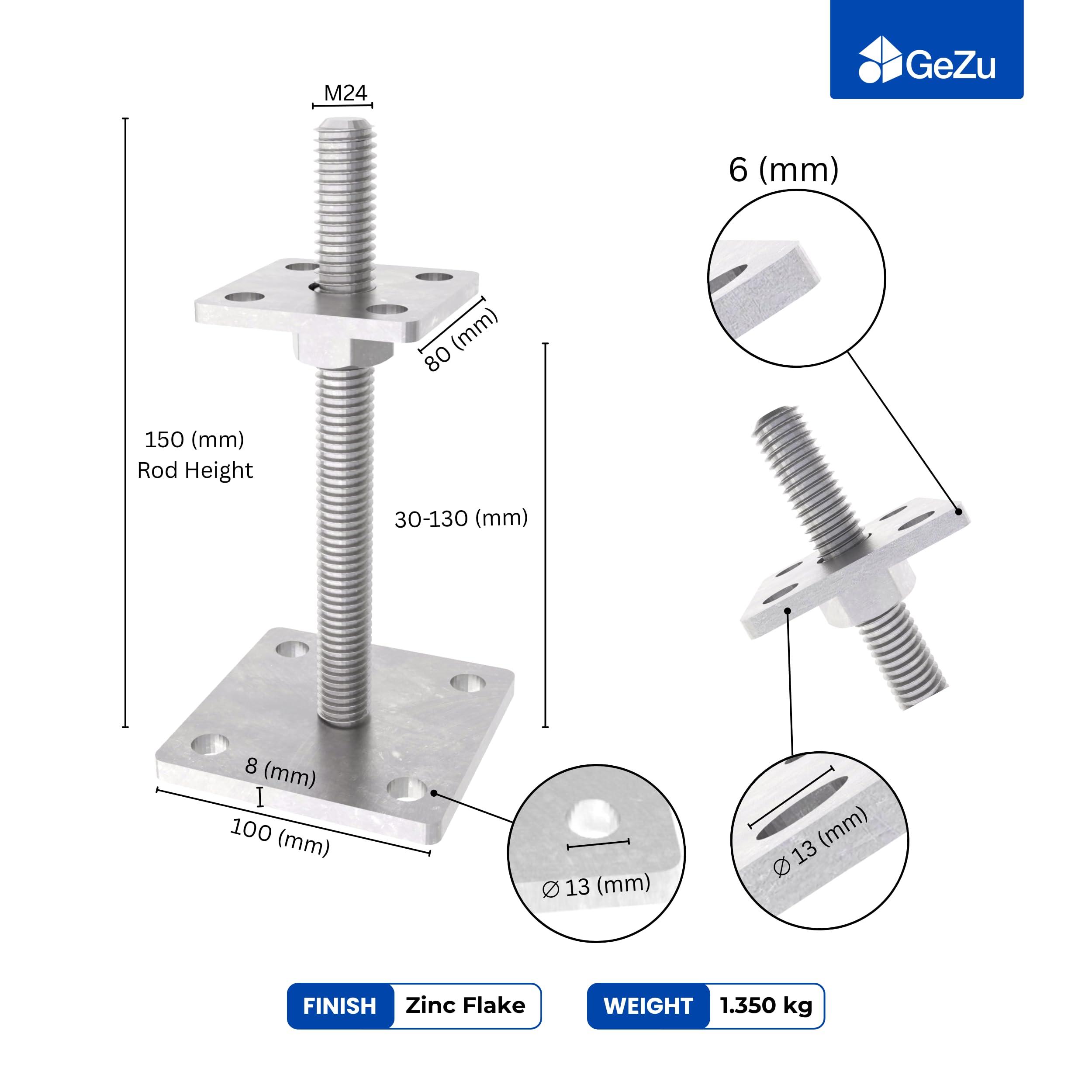 GeZu Impex Adjustable Post Support 80 x 80 mm Zinc Flake height adjust holder elevated base, 80 x 80 mm | 50-130 mm | Welded Nut - Image 2