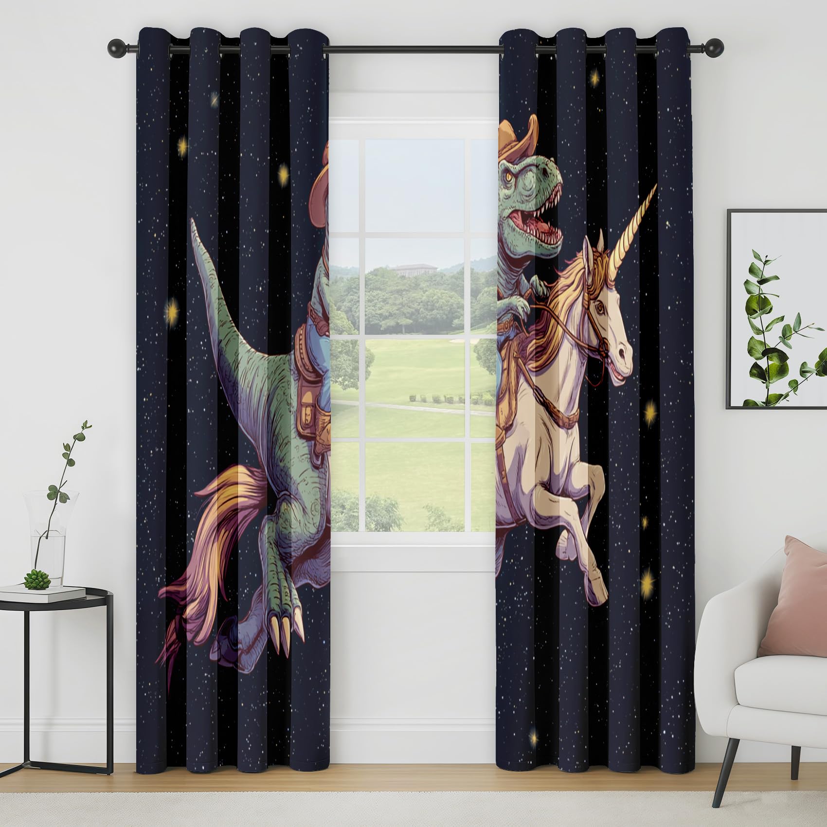 Rideau Occultant Licorne Dinosaure Drôle, Motif Animaux Galaxie Enfants Rideau Thermique Tenture Opaque à Oeillets, Rideaux Decoration Chambre Maison Salon Intérieurs, 140x280cm, 2 Pièces yuL249