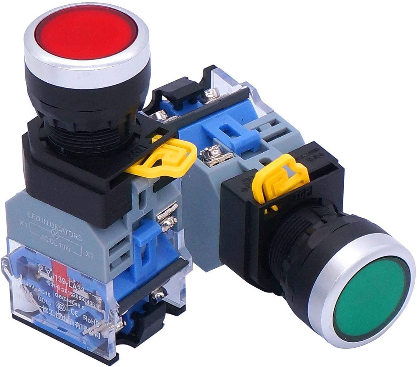 2 uds 22mm 10A 440V 1NO 1NC DPST Interruptor de botón pulsador interruptores con luz LED roja Verde Voltaje 110V