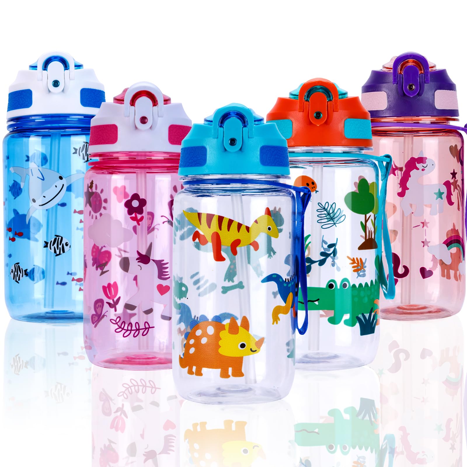 SUPPRUI Water Bottles with Straw & Handle,600ml Drinks Bottle for School,Leakproof BPA free Sport Bottles (Blue - Dinosaur)