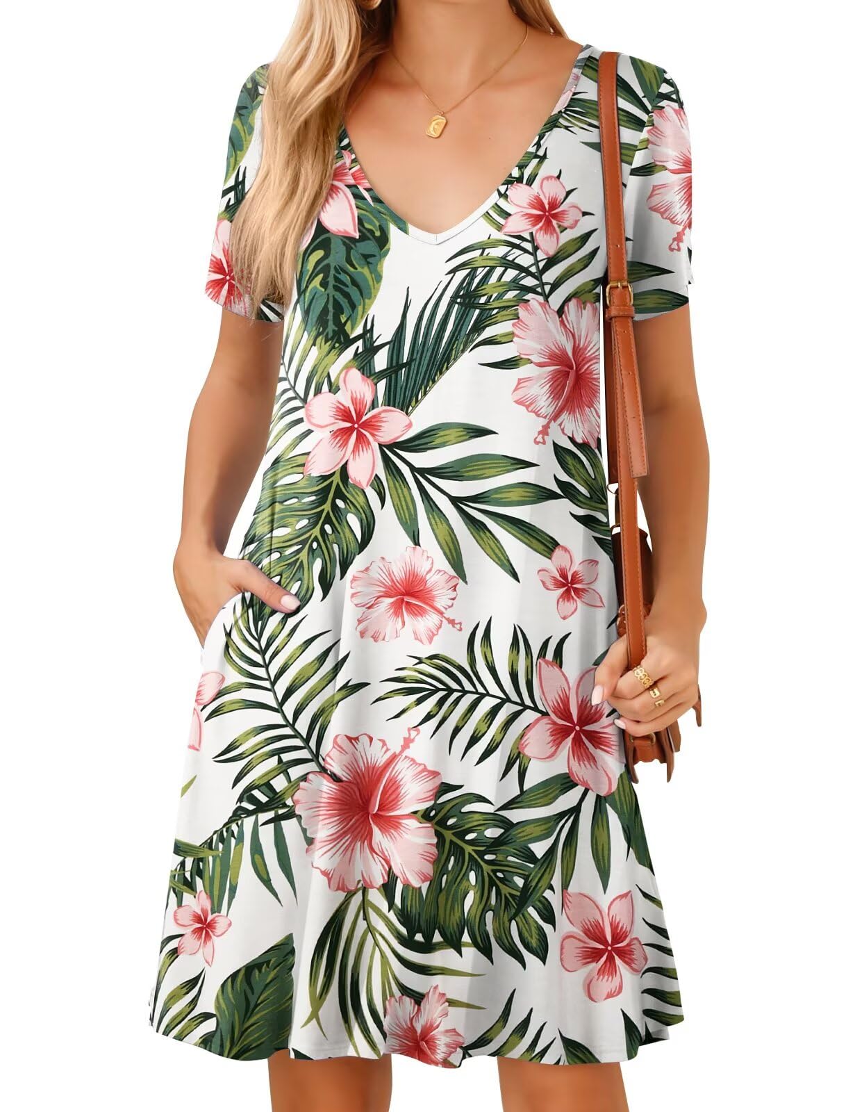 JollieLovin Women T Shirt Plus Size Summer Swing Dresses Short Sleeve V Neck Loose Casual Dress(L-5X)