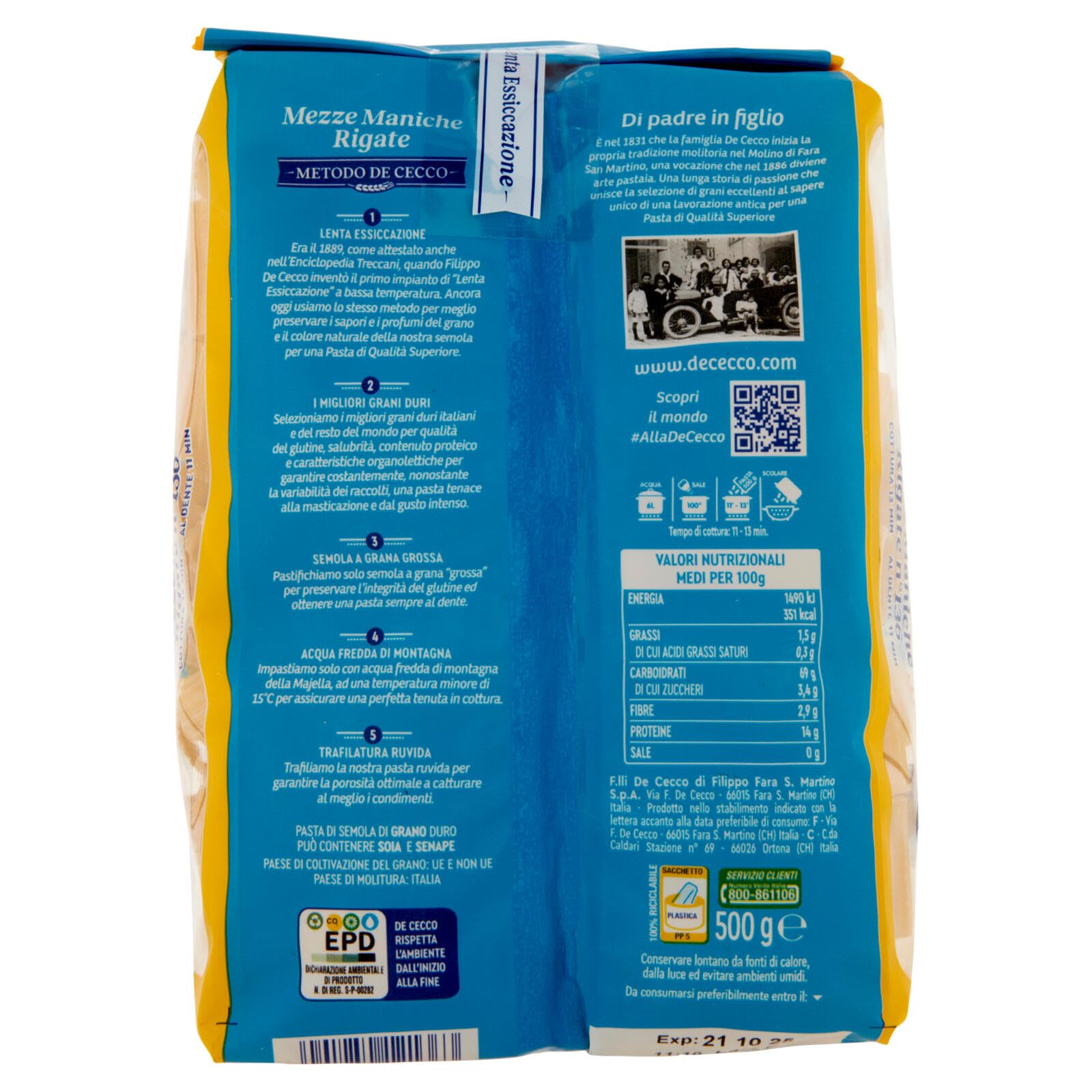 De Cecco Mezze Maniche Rigate n°136 - Pasta 24 x 500 g | Secado lento | Sémola de trigo duro de alta calidad | Horneado 13 min (al diente 11) | Ideal salsas & gratins + Italian Gourmet polpa 400g