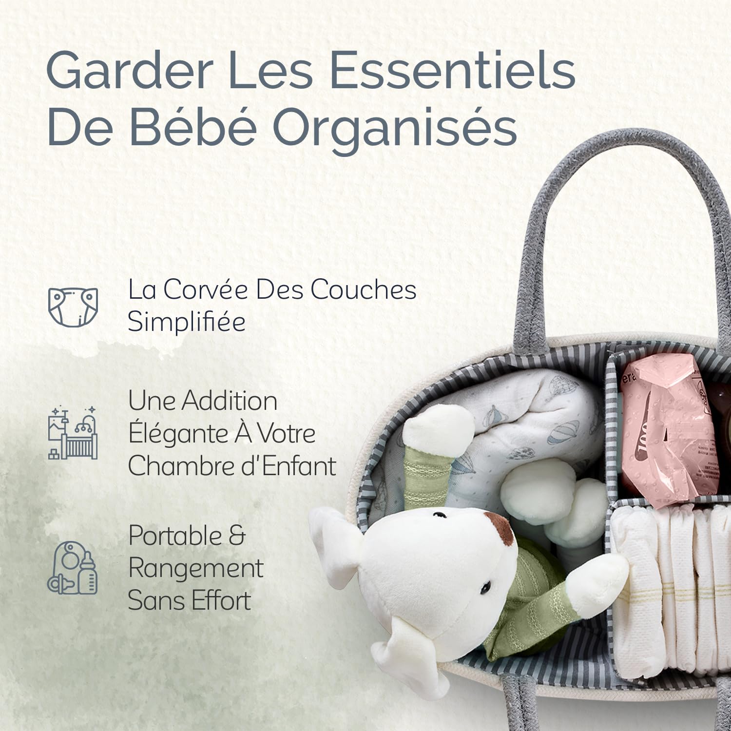 KiddyCare - Distributeurs de Couches et Range-Couches Polyvalent en Toile 100% Coton et Corde Tissée, 3 Compartiments Amovibles, Idéal Pour vos Déplacements, Cadeau Babyshower [Gris, Taille Normale]