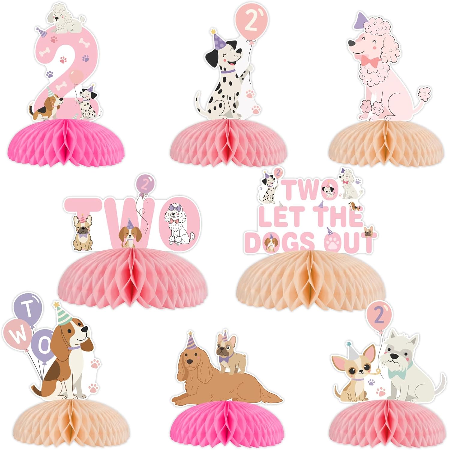 Two Let The Dogs Out Honeycomb Centerpieces for Girl 2nd Birthday Party, Brown Pink Puppy Theme Table Decorations 8pcs Double-Sided Dog Centerpiece Stands for Puppy Birthday Decor