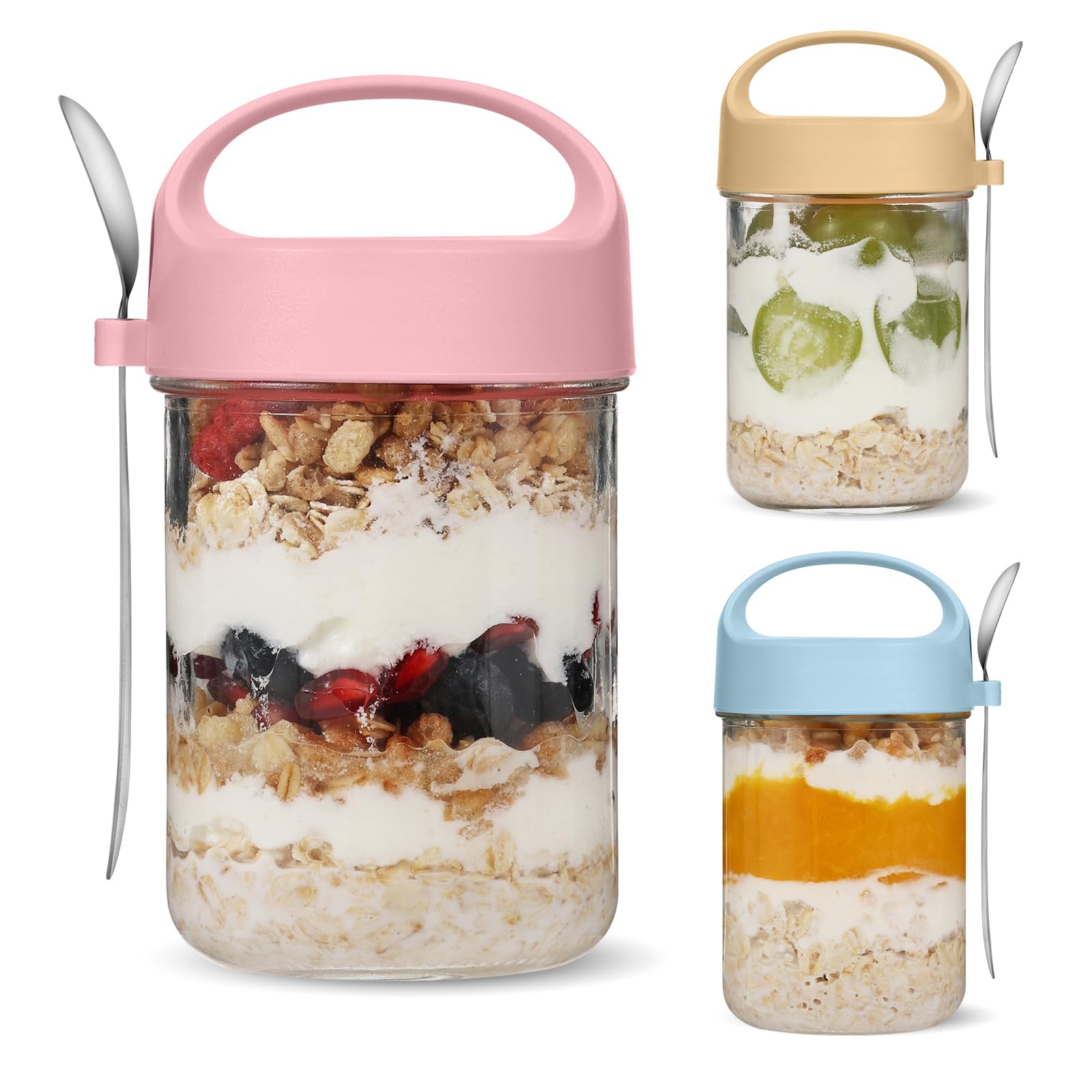DWUIQY Overnight Oats Jar, 3 Pack 480ml Glass Jar with Screw Lid Leakproof Overnight Oatmeal Container, Salad Jars, Yogurt Pot, for Homemade Cereals Milk Fruit Condiment Dressing (With Handle)