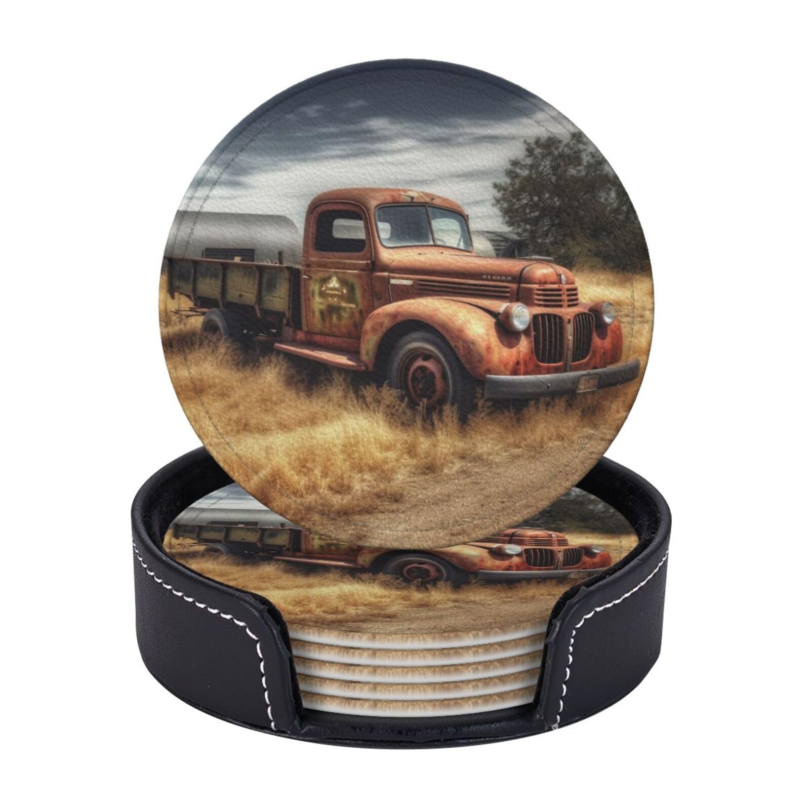 Round Coasters for Drinks Set of 6 - PU Leather Coasters with Holder - Modern Drink Coasters for Coffee Table - Old Truck Car Coaster for Tabletop Protection 4" Cup Mat Pad