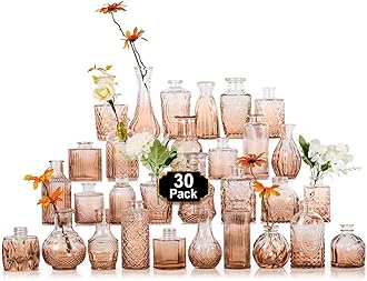 Arme Glass Bud Vase Set,30Pcs Small Glass Vase for Flowers, Clear Bud Vase in Bulk，Mini Single Vintage Vase for Centerpiece，Vases Bulk for Rustic Wedding Decor，Home Table Flower Décor(Amber)