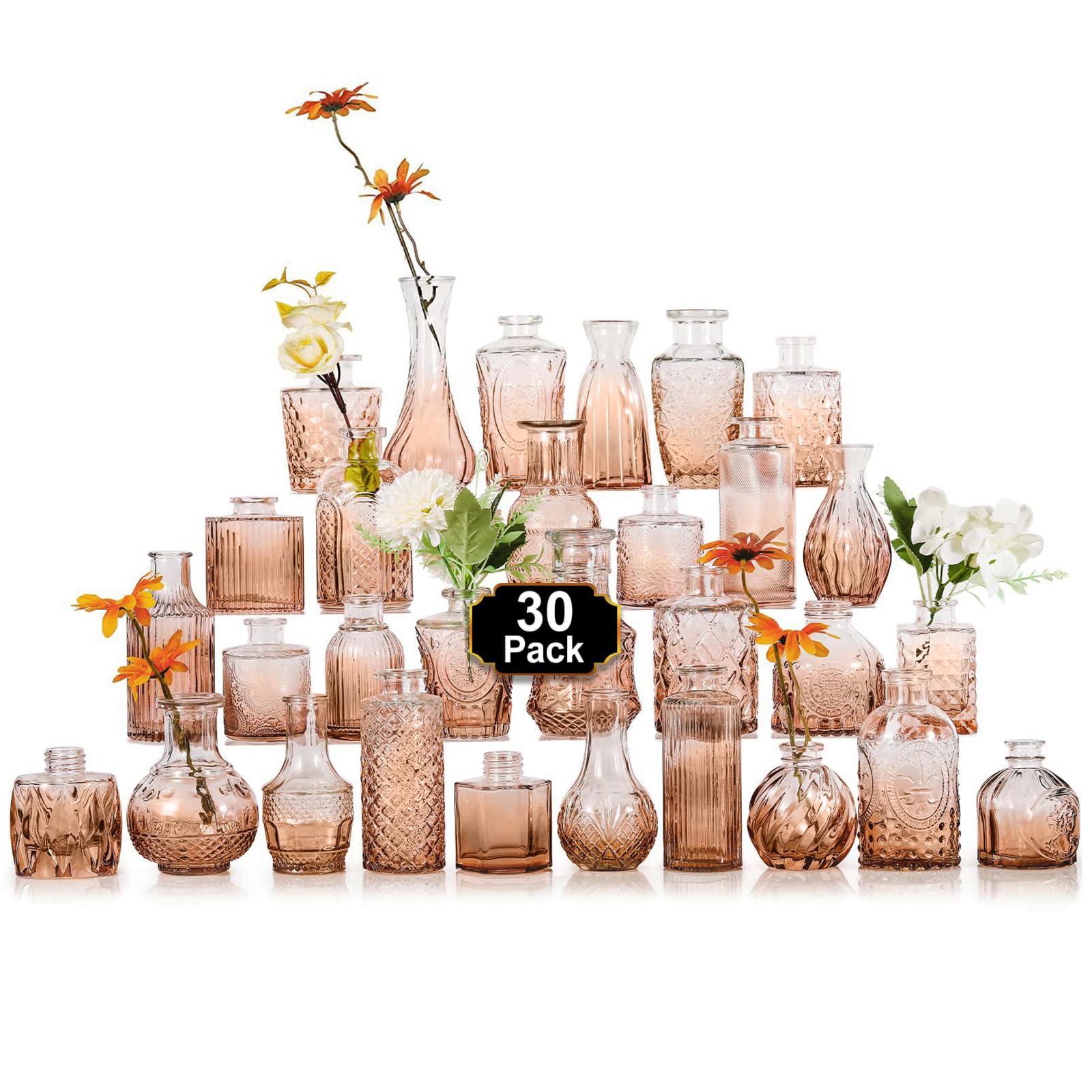 Arme Glass Bud Vase Set,30Pcs Small Glass Vase for Flowers, Clear Bud Vase in Bulk，Mini Single Vintage Vase for Centerpiece，Vases Bulk for Rustic Wedding Decor，Home Table Flower Décor(Amber)