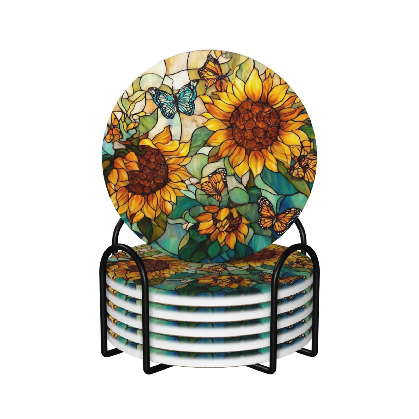 Sunflowers Butterflies Stained Glass Ceramic Coasters with Holder 6ps