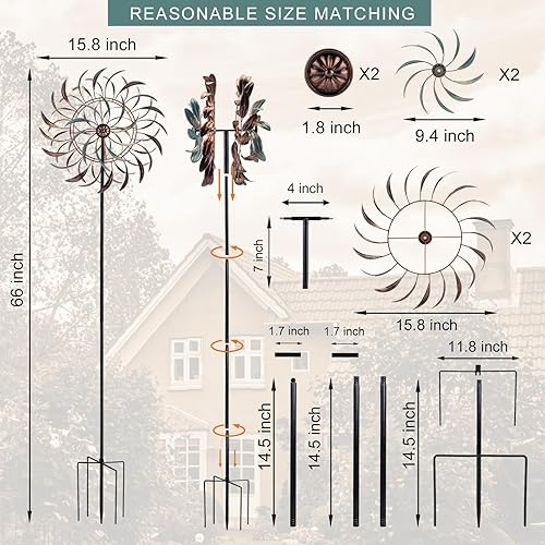 Miniatura 7 de VEWOGARDEN 37 pulgadas sola hoja viento hilador+66 pulgadas 360 grados escultura de viento para la decoración del arte del patio