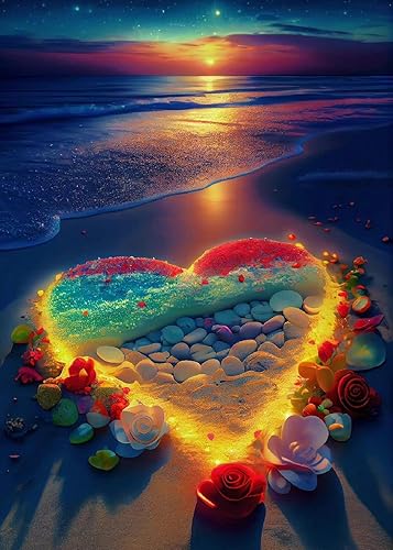 KINPLUB Kits de pintura de diamantes de playa en forma de corazón para adultos, kits de arte de diamantes de puesta de sol 5D para principiantes,