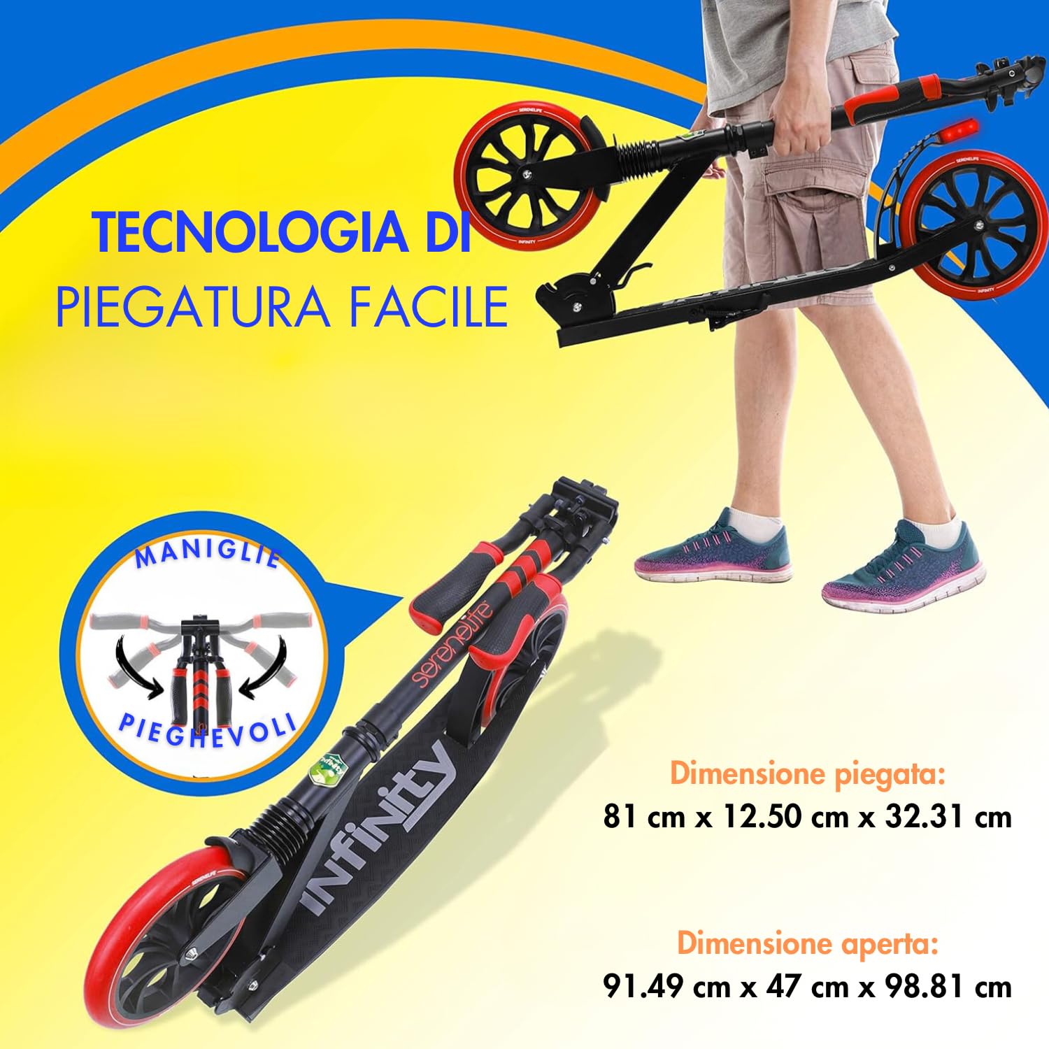 SereneLife Monopattino, Monopattino Bambini da 8 Anni, 2 Ruote con Manubrio Regolabile, Adulti e Adolescenti, Antiscivolo, Monopattino Pieghevole, Monopattino a Spinta e Portatile con Tracolla