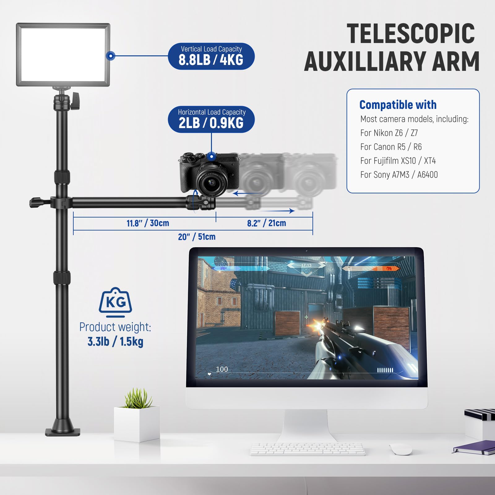 Neewer TL253A+DS001 Tisch Kamerastativ mit 2 Teleskoparmen – Bild 3