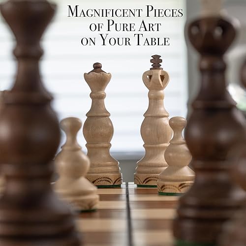 Miniatura 8 de Wegiel Legate - Juego de ajedrez de madera de lujo para adultos y niños, hecho a mano de madera de haya y abedul de primera calidad, diseño plegable