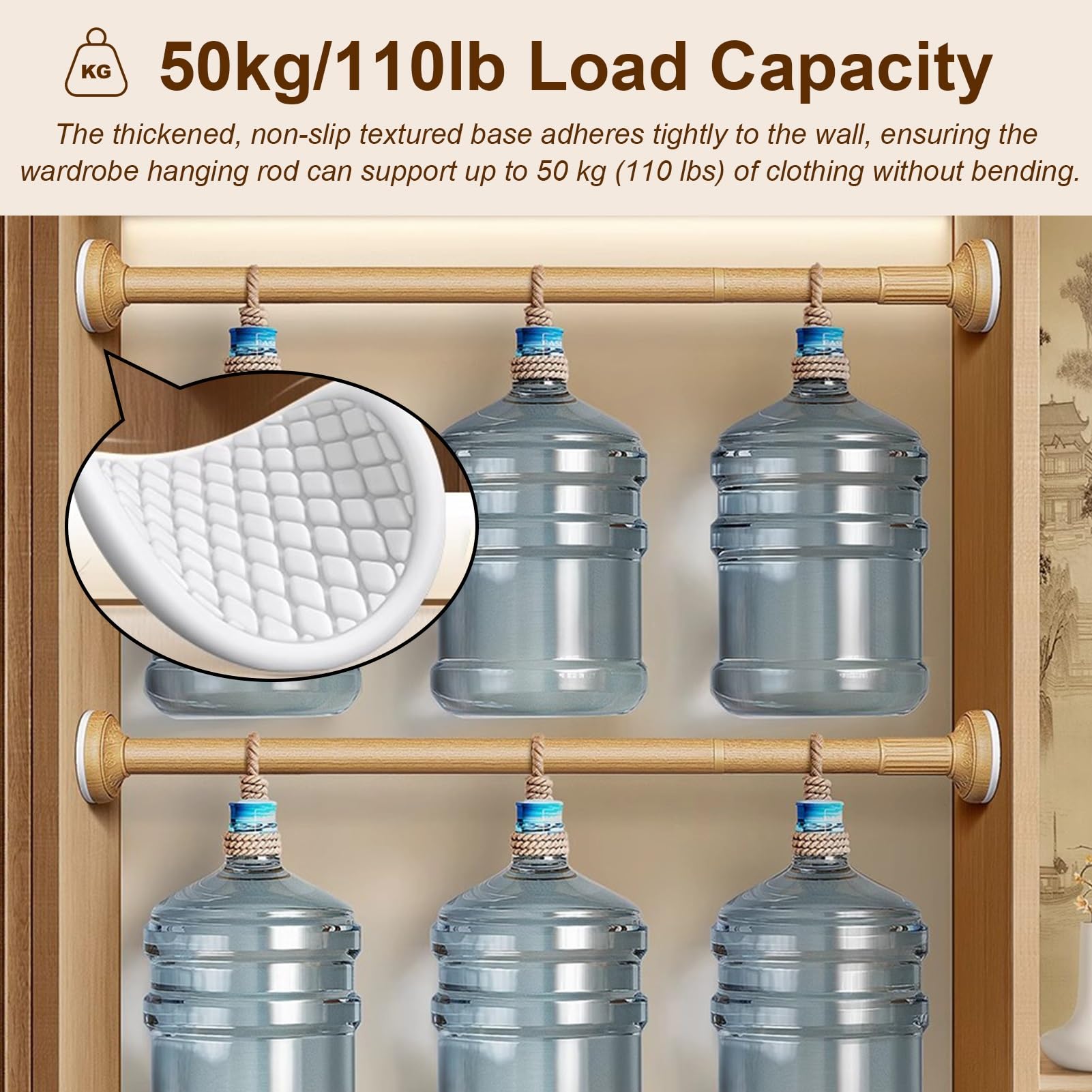 Bastone Appendiabiti per Armadio Asta Appendiabiti A Tensione Regolabile, Binario Estensibile Antiscivolo Guardaroba, Barra Appenditende Acciaio Inossidabile Effetto Legno(35-50cm (13.8-19.7in))