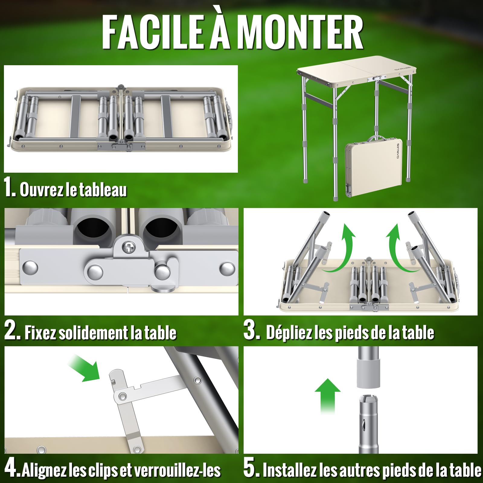 GARLLEN Table de Camping imperméable avec Plateau en Plastique Haute densité, Table de Pique-Nique Pliable Portable avec 3 hauteurs réglables, Cadre en Aluminium, Table d'extérieur pour Barbecue | Table Pliante Exterieur à 3 Hauteurs Réglables,Table de Pi