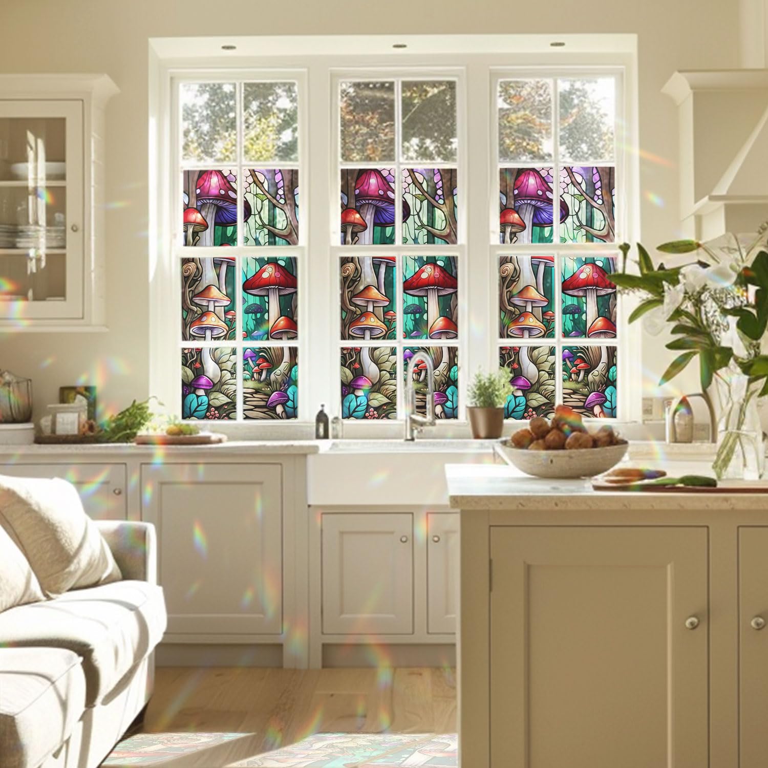 Mushroom Forest Stained Glass Window Film, Decorative Mushroom Forest Stained Glass Window Film, Mushroom Forest Stained Glass Window Film for Bathroom Door Heat Anti UV RF03