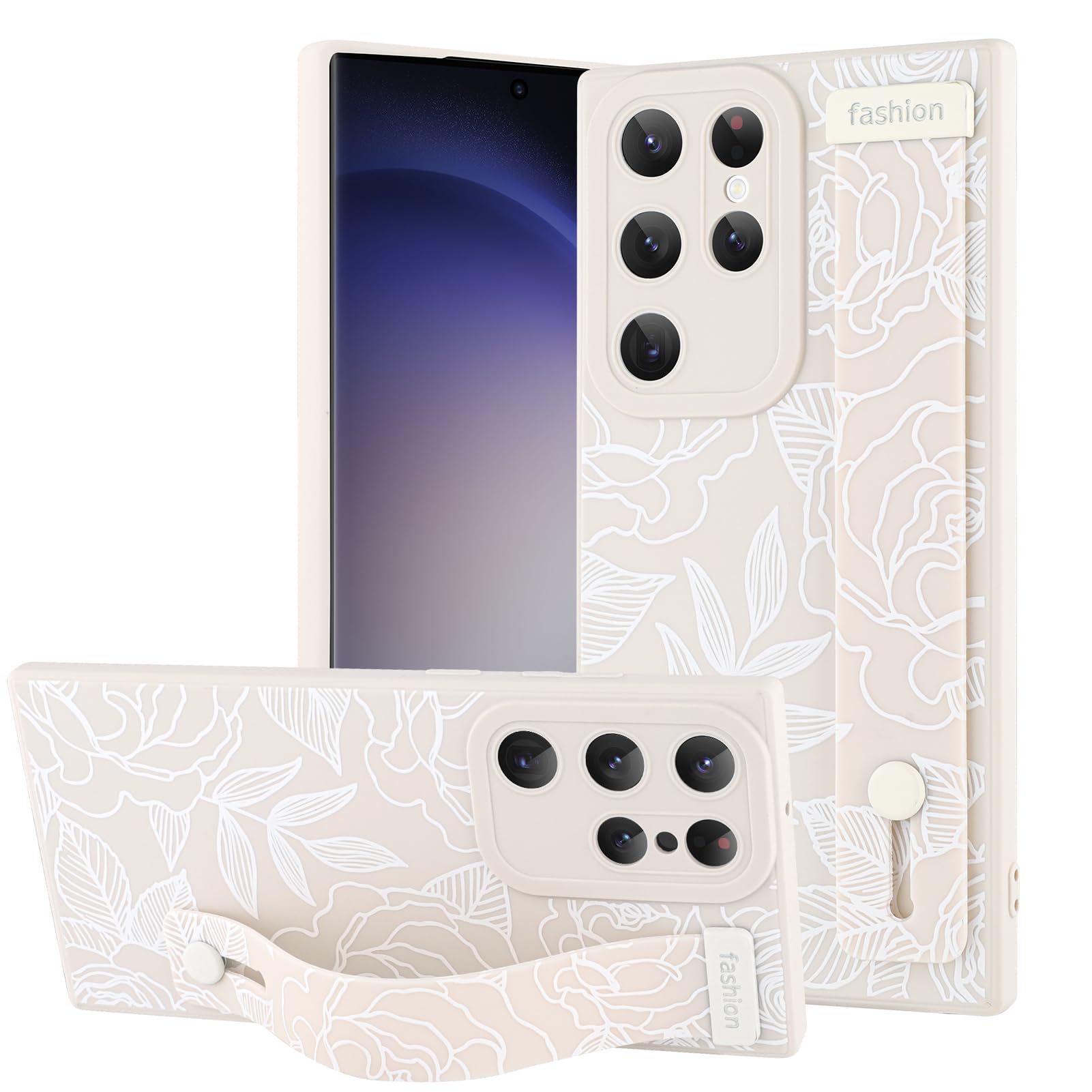 OOK Compatible with Samsung Galaxy S23 Ultra Flower Case with Wrist Strap, White Flowers Floral Silicone Shockproof Protection Slim TPU Cover with