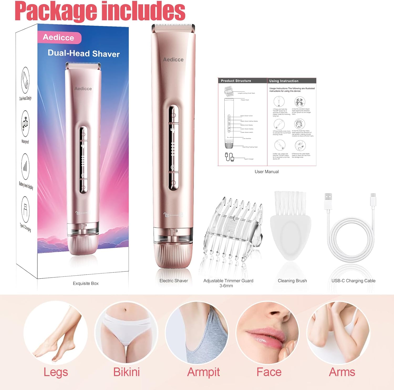 Bikini Trimmer for Women 2 in 1, Dual Head Womens Electric Shaver, Electric Razors for Pubic Hair, IPX7 Waterproof Rechargeable Facial Hair Removal for Shaving Underarm Leg Arm Body Face, Rose Gold - Image 7