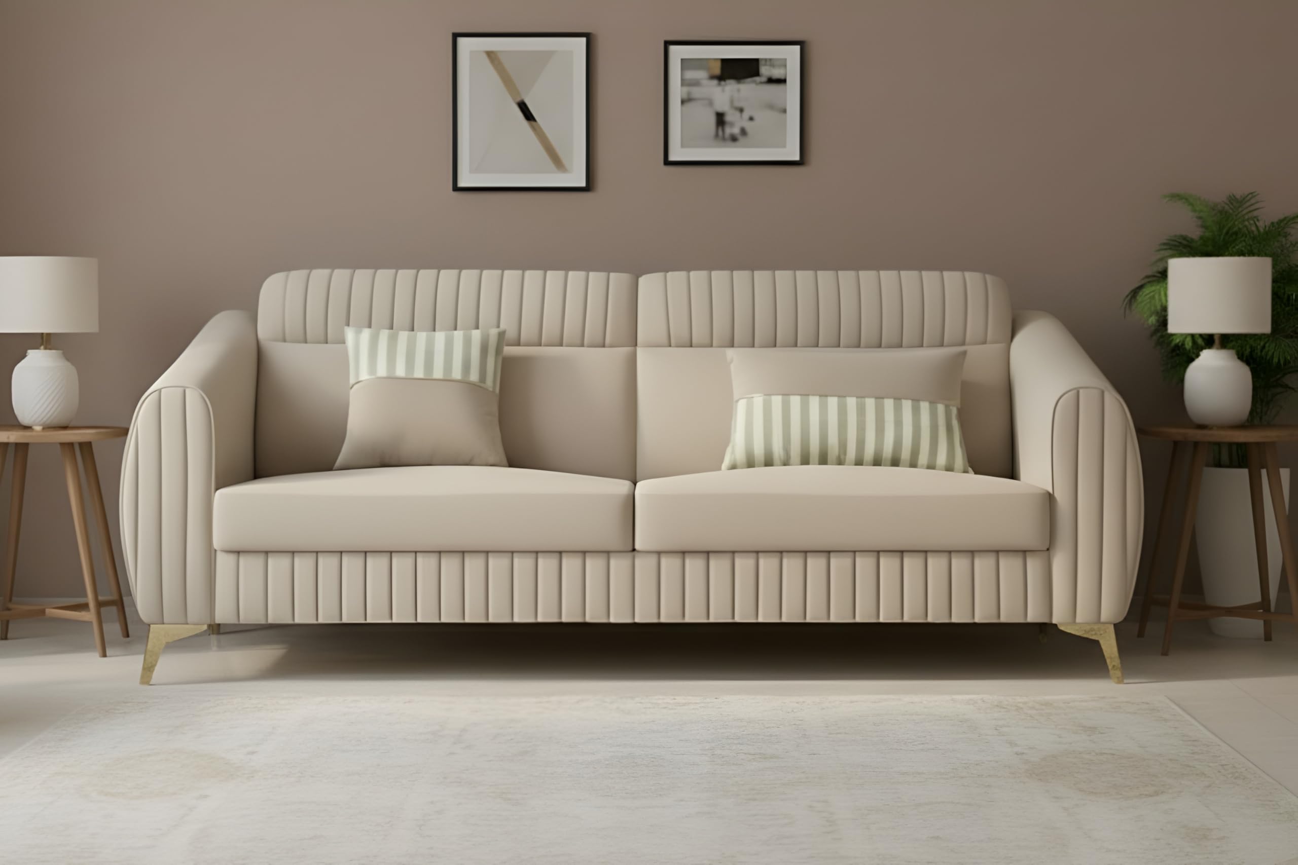 Adorn India Premium Luster Plus 3 Seater Sofa | Velvet Suede Fabric | 3-Year Warranty | Color Beige with Golden Legs & Striped Pattern Cushion