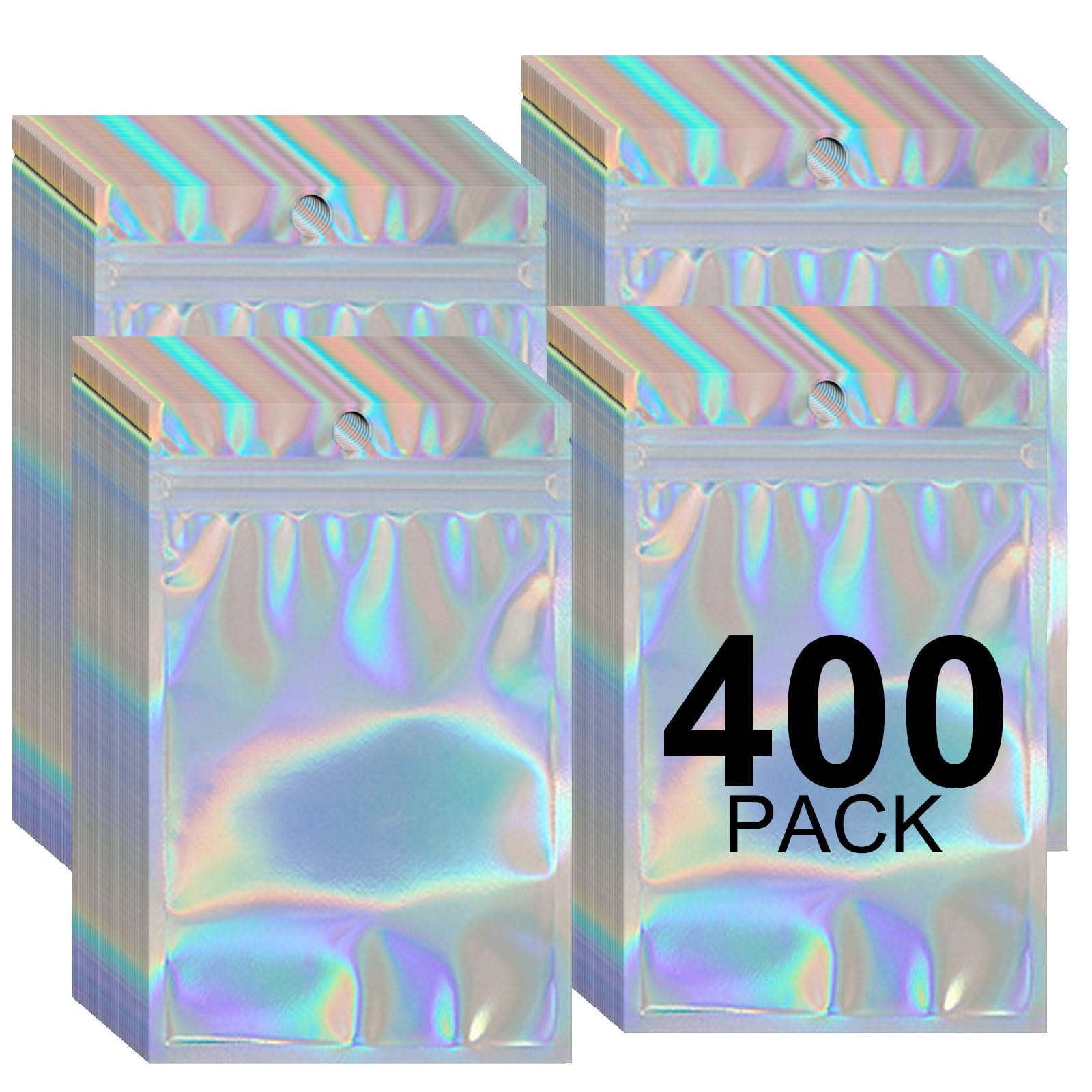 400 Pcs Smell Proof Mylar Bags with Clear Window - Resealable Holographic Packaging for Snacks, Jewelry, Gifts - Airtight Sealable Bags for Business &