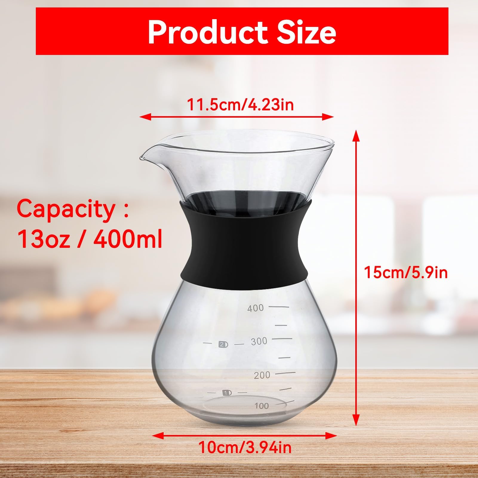 HERCHR Caffettiera in Vetro Con Filtro Permanente in Acciaio Inox, Caraffa in Vetro Borosilicato, Macchina Da Caffè a Goccia Manuale, 400ml Caffettiera Americana in Vetro per Caffè Casa Ufficio