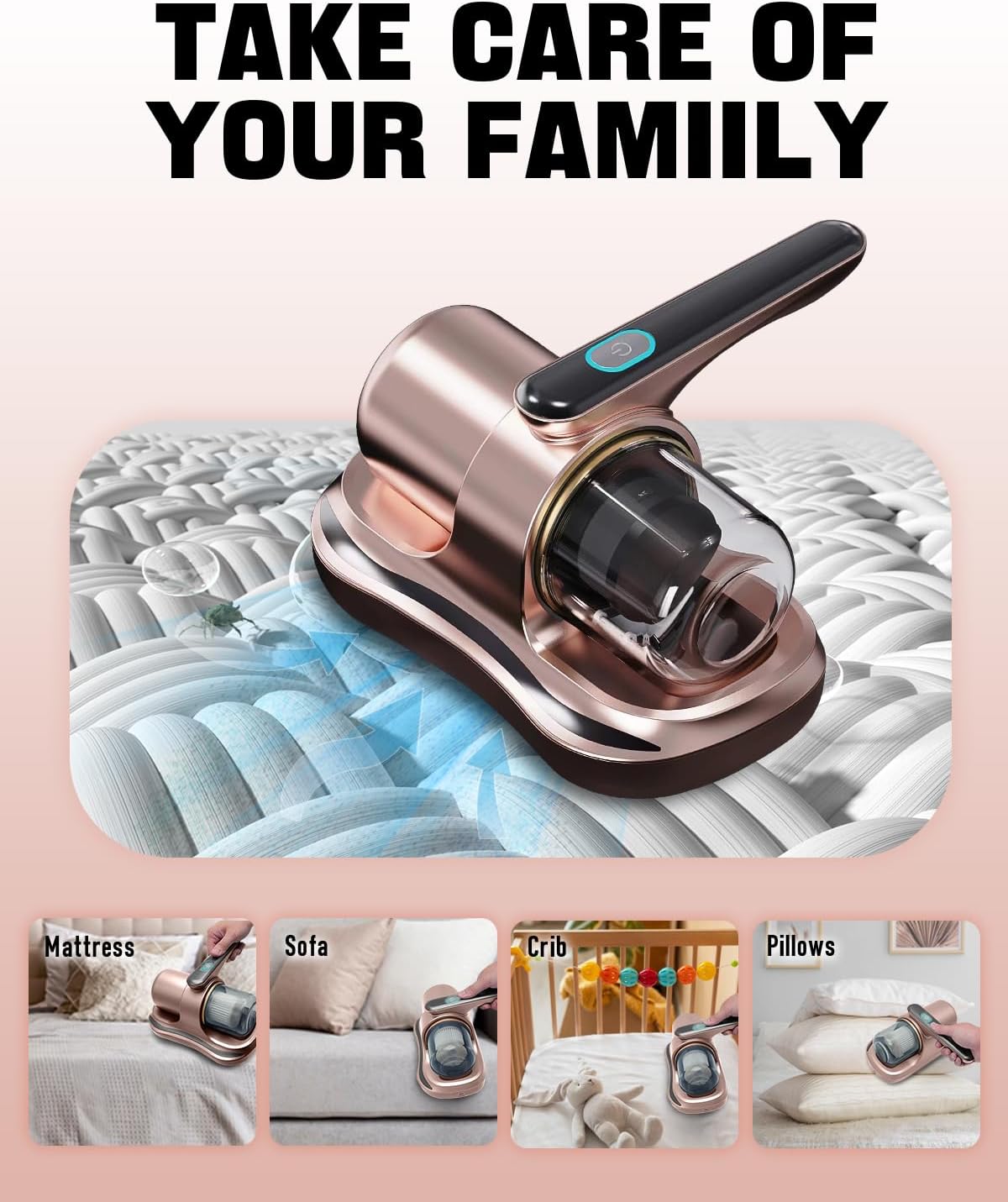 Mattress Vacuum Cleaner,Cordless Bed Vacuum Cleaner with UV Light Sanitizing,Ultrasonic & Heating Tech with 2 PCS HEPA Filters,2 Speeds Handheld Vacuums for Mattress Sofa,Pet Hair,Carpets Gold image 5
