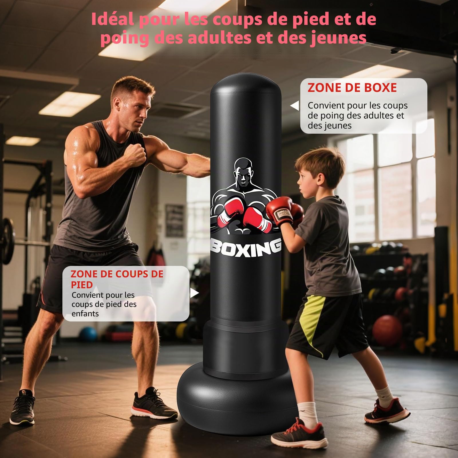 Sac de Frappe sur Pied Gonflable pour Adulte, Qoosea Punching Ball avec Gants et Pompe à Air, Sac de Boxe pour Entraînement de Kickboxing, MMA Karaté Fitness Taekwondo Idéal Cadeau