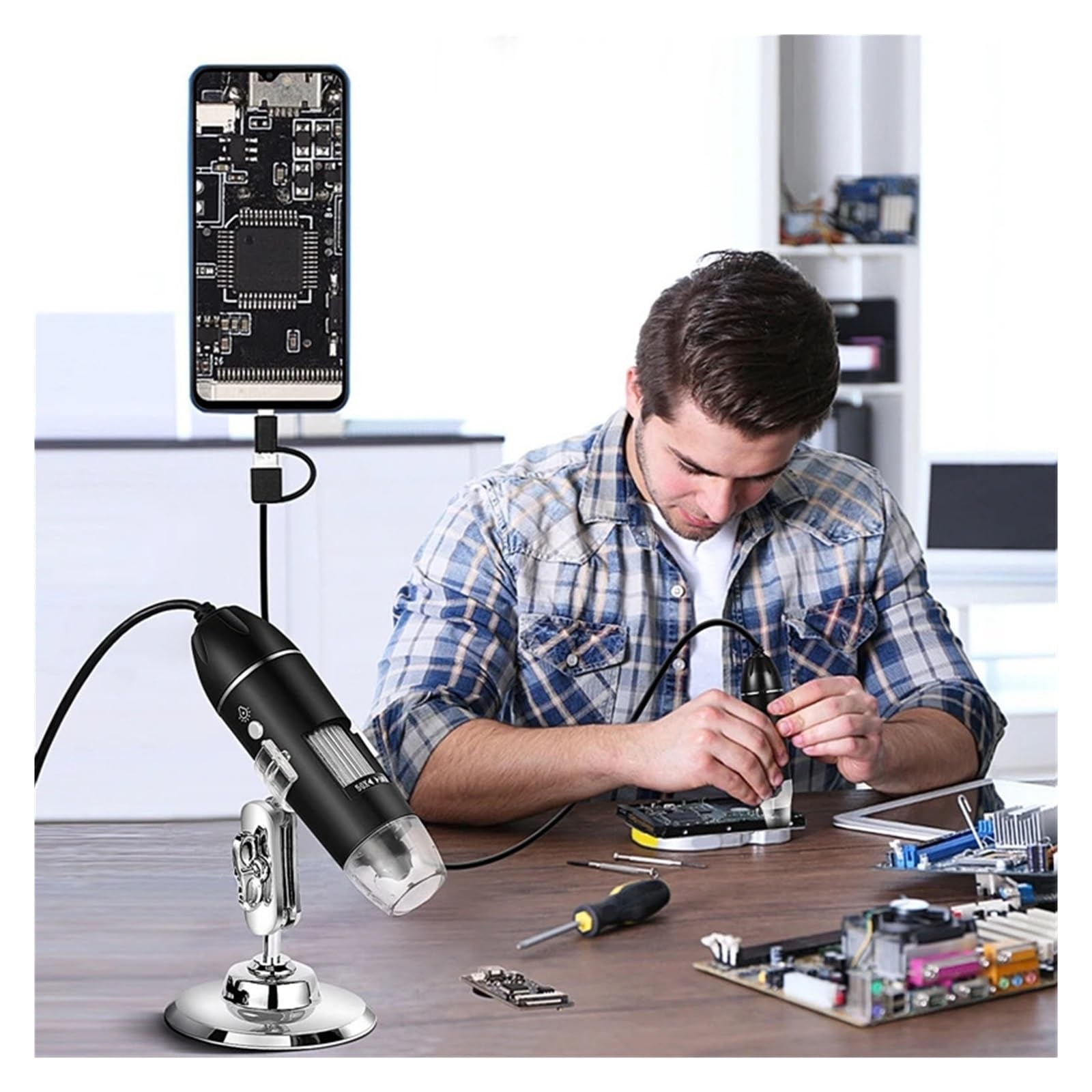 1600X USB Digital Microscope 3in1 Type C Electronic Microscopes for Soldering 1080P HD with 8LEDs Compatible(3in1 2MP)