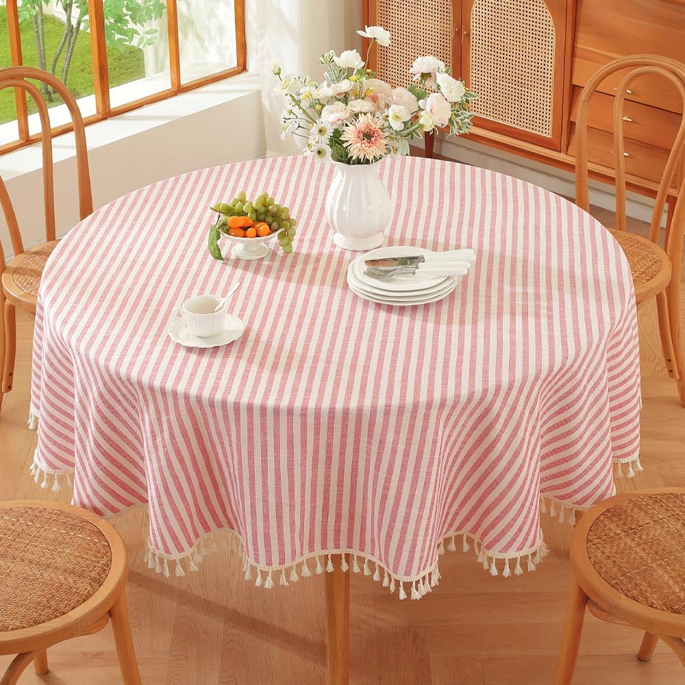 TruDelve 70 Inch Round Table Cloths Red and White Striped Cloth Tablecloths Circle Outdoor Picnic Table Cloth Round Cover (Red,70",Round)