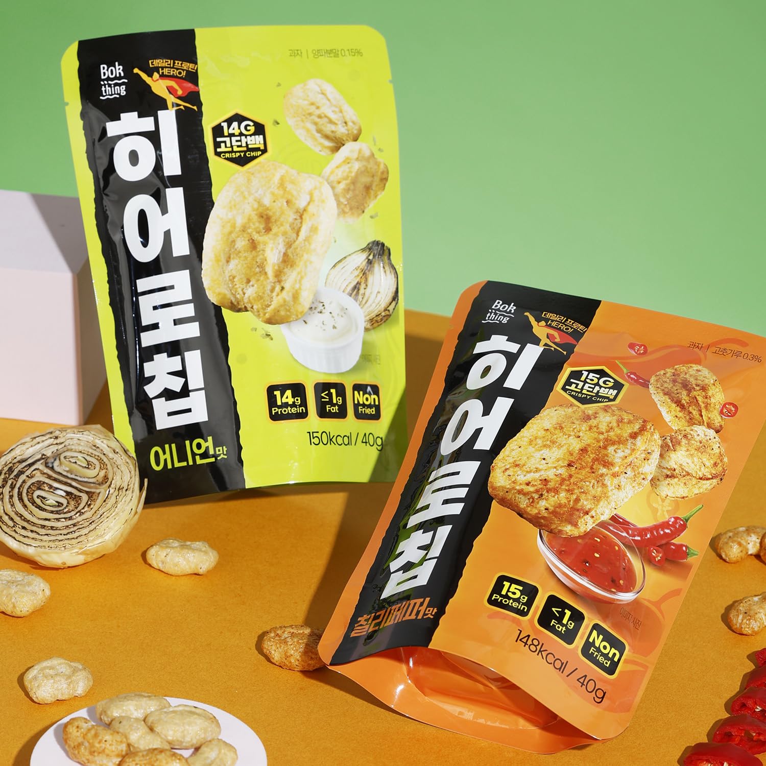 Bokthing HERO CHIP, High Protein Chips, Plant-Based Protein, Gluten-Free, No Oil and Flour, Baked Snack, Low Calorie (6EA, Onion/Chili Pepper Combo)