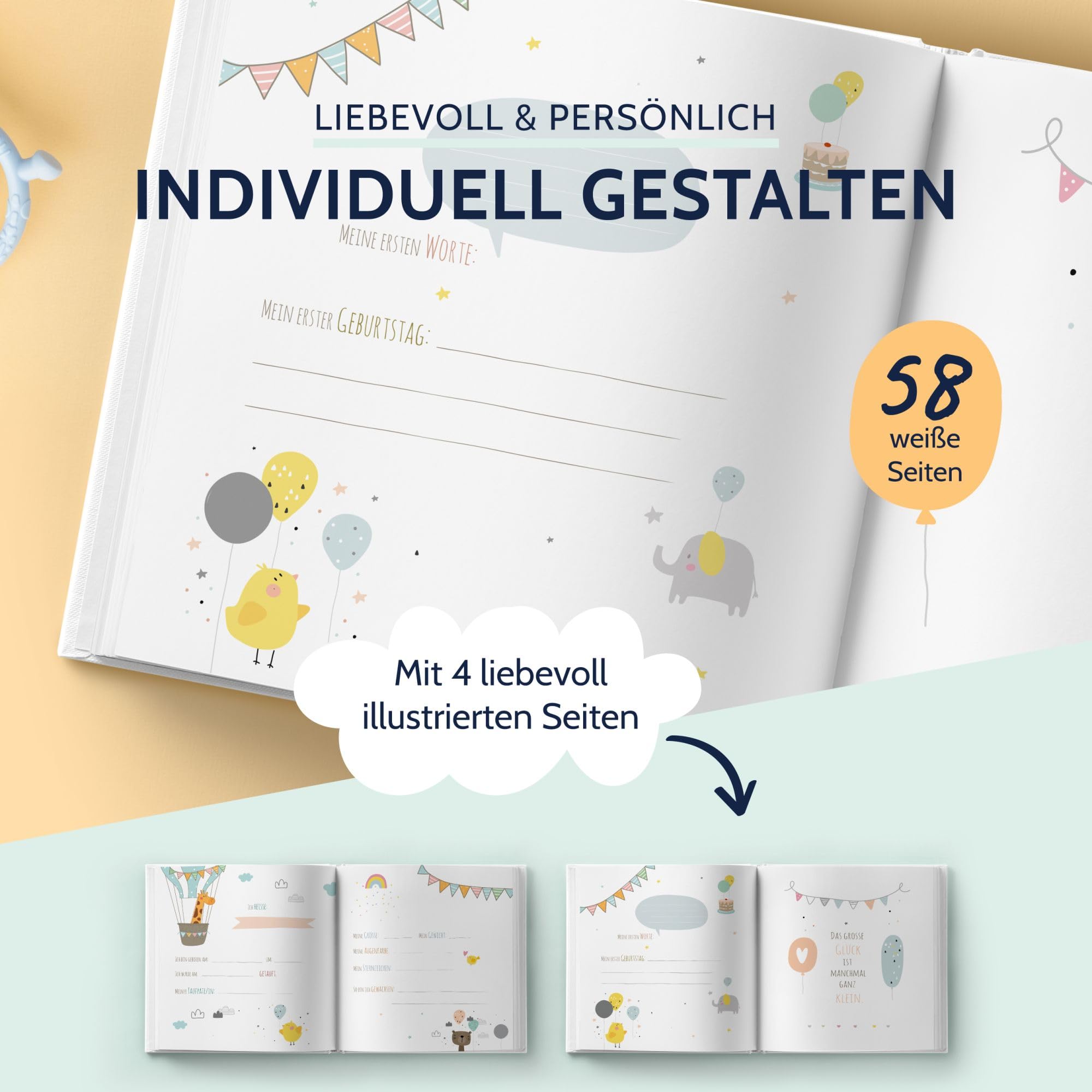 goldbuch 15 474 Babyalbum Hurra - Du bist da!, Babybuch 30 x 31 x 4 cm, Foto Album, 58 weiße Blankoseiten, 4 illustrierte Seiten, Einband aus Kunstdruck mit Goldprägung, Unisex, Fotobuch Weiß