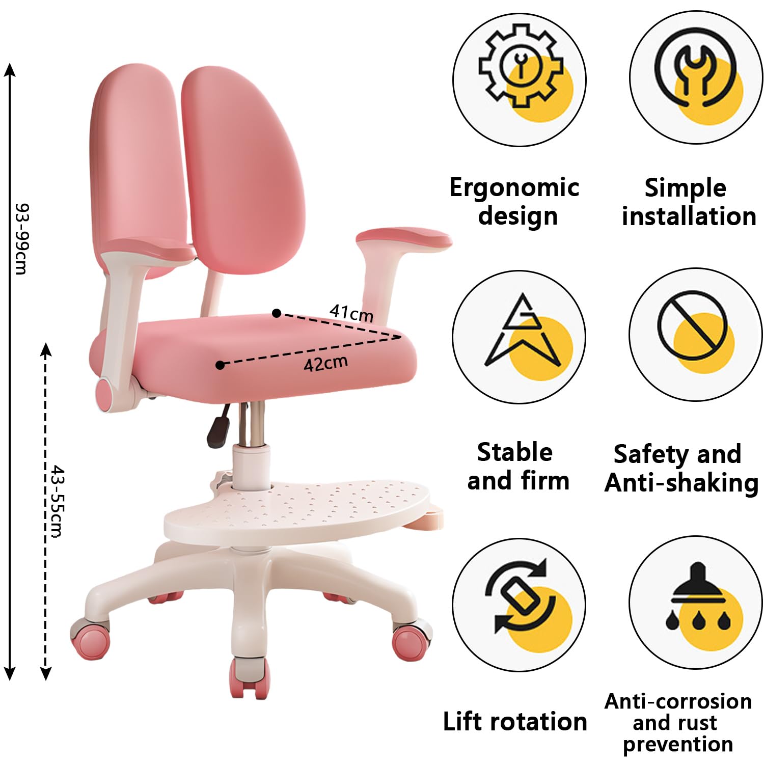 Silla de escritorio infantil, altura regulable con reposabrazos giratorios de 90° y reposapiés, silla giratoria ergonómica para niñas y niños, cómoda silla de aprendizaje para habitación