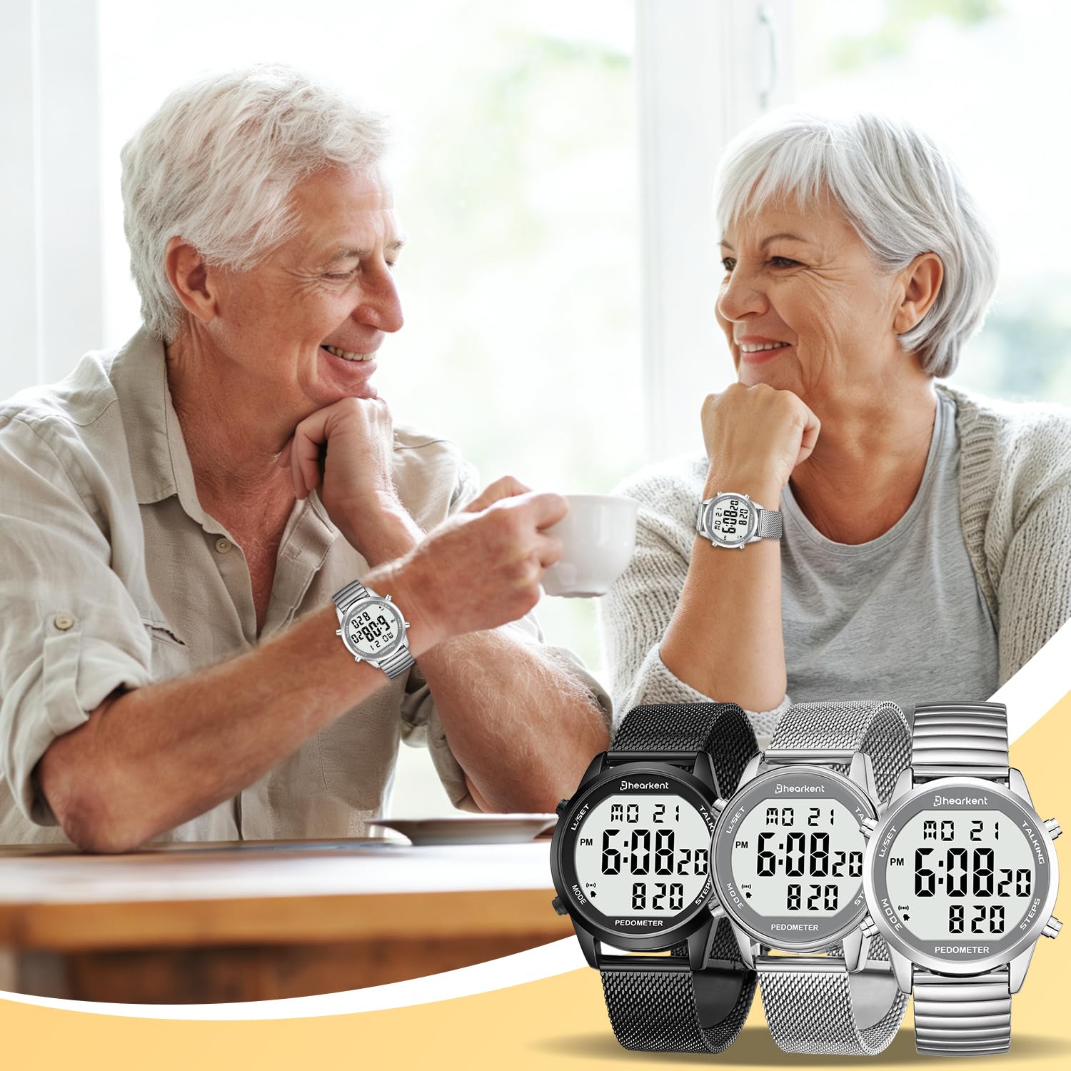 Hearkent Orologio digitale parlante con contapassi, tempo di conversazione, data, passi, calorie in inglese, 5 sveglie, retroilluminazione EL, numeri grandi LCD, senza Bluetooth, per anziani/ciechi