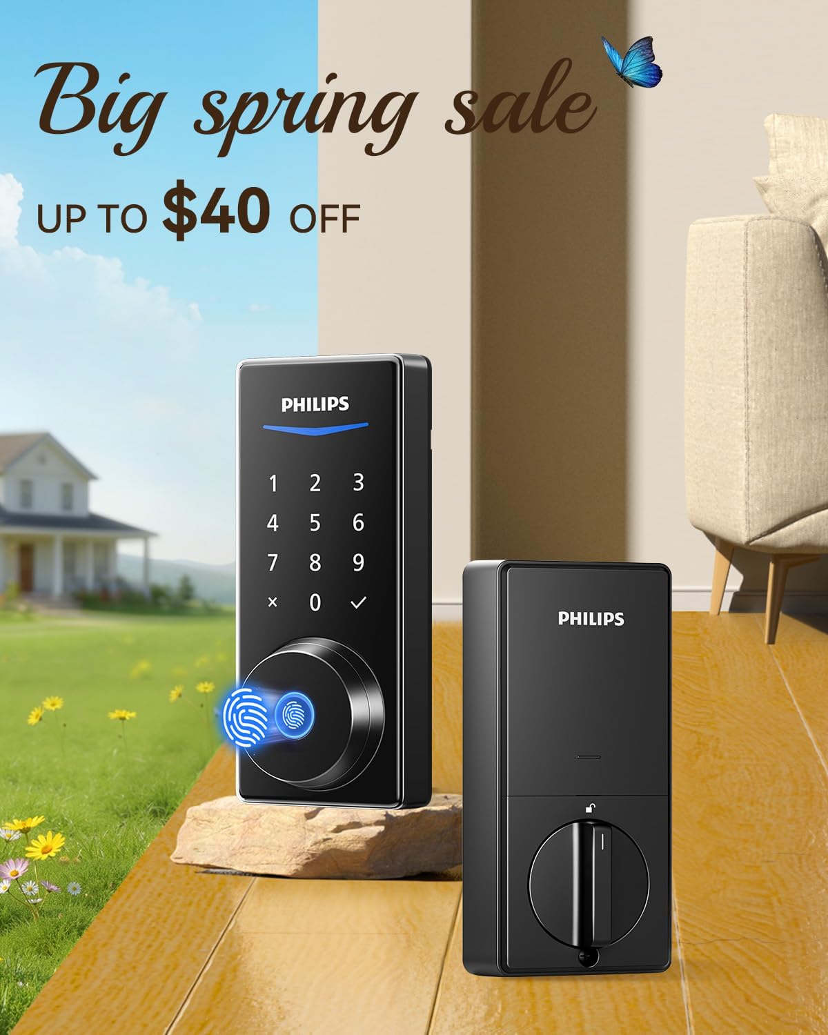 Philips Built-in WiFi Smart Lock, Keyless Entry Door Lock with App, Touchscreen, Indicator Light, Fingerprint Door Lock — Compatible with Alexa & Google, Splash-Proof Design, Includes 8 Batteries thumbnail