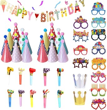 43 Pcs Party Hats Set,Party Hats for Kids,Paper Birthday Glasses with Paper CrownsGold/Silver,Birthday Cone Partys Hat Pom Poms,Partys Blowers,Happy Birthdays Banner for Kids,Adults Decoration
