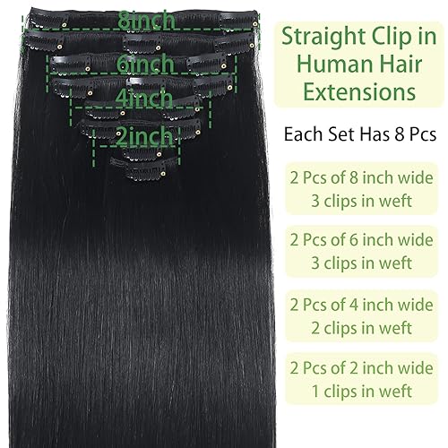 Miniatura 3 de Extensiones de cabello humano real con clip, de 20 pulgadas, color negro azabache, extensiones de cabello humano natural sedoso y liso para mujeres