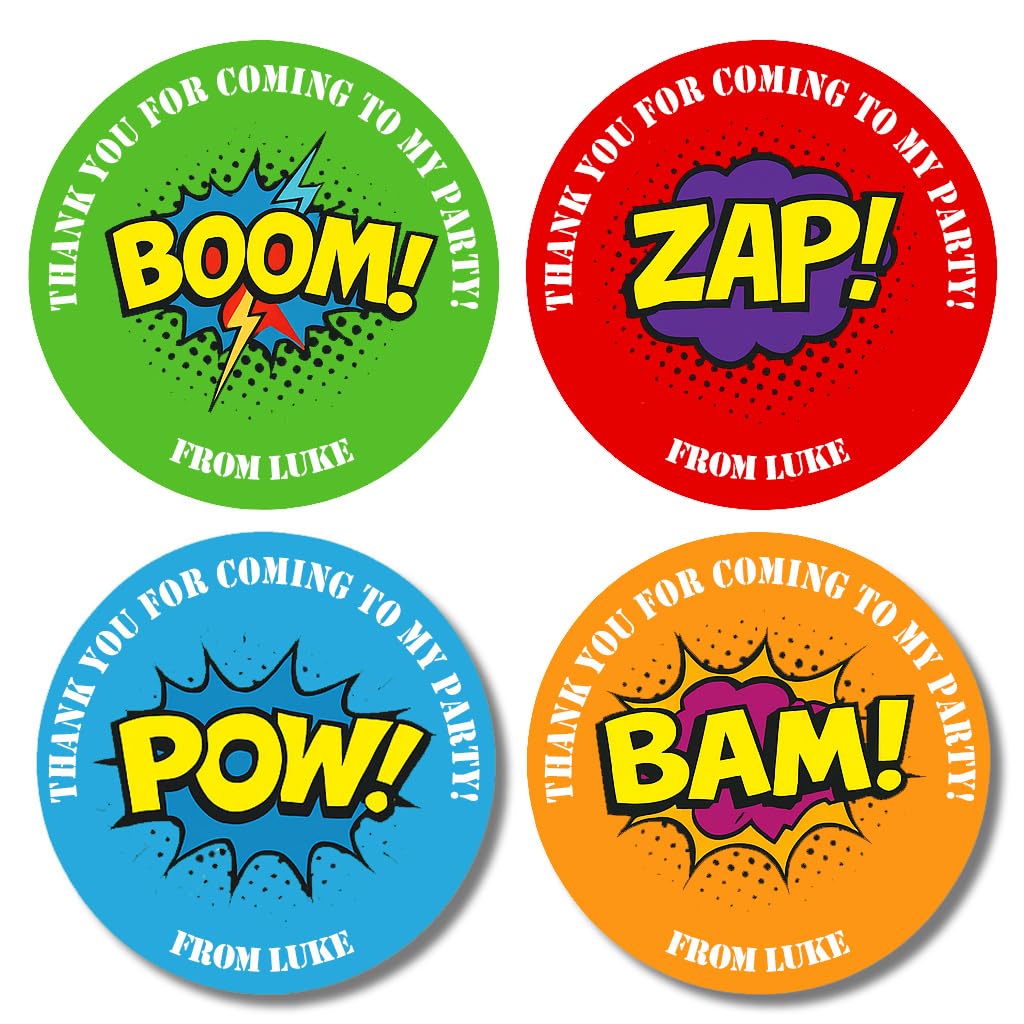 Personalised Superhero Thank You for Coming to My Party Stickers – 24 x 45mm Round Stickers & Cone Bags Labels 4 Bright Colours (24 Stickers). Great for Party Bags, Sweet Cones and Birthday fillers.