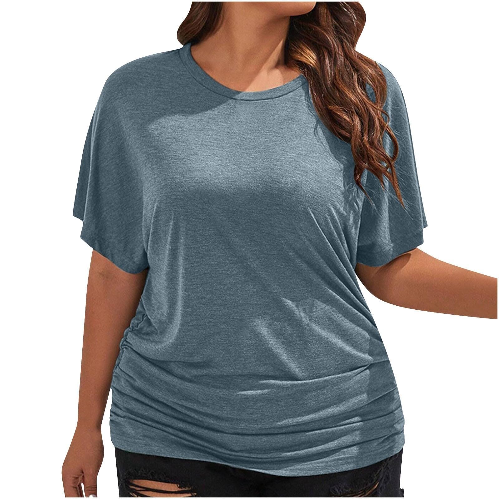 Women's Scoop Neck Half Sleeve Batwing Dolman Top Plus Size Batwing Half Sleeve Shirts Loose Blouse Solid Color Tops(Za Ash Blue,4XL) — image 1