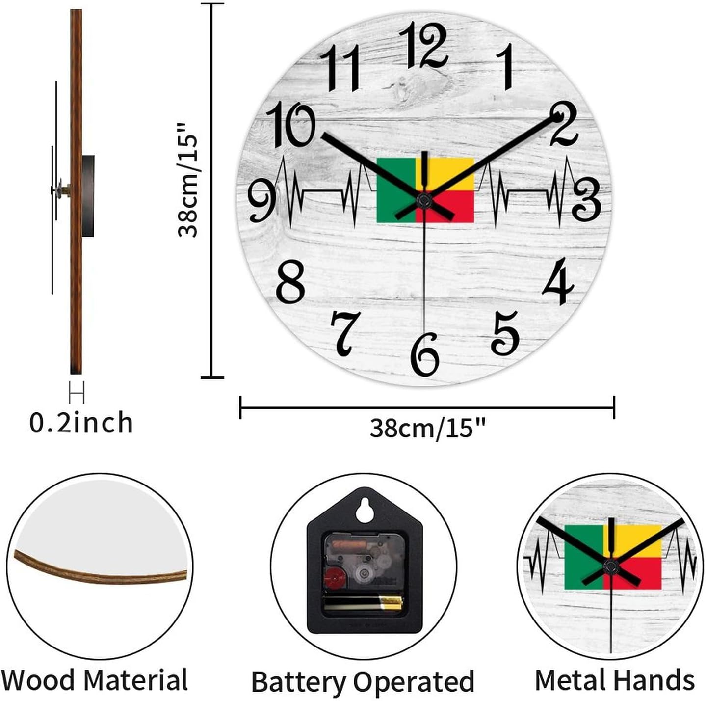 Benin Flag Heartbeat Decorative Wood Clock Benin Clocks for Wall Battery Operated Silent Clocks for Bathroom Bedroom 15x15in New Home Housewarming Gift