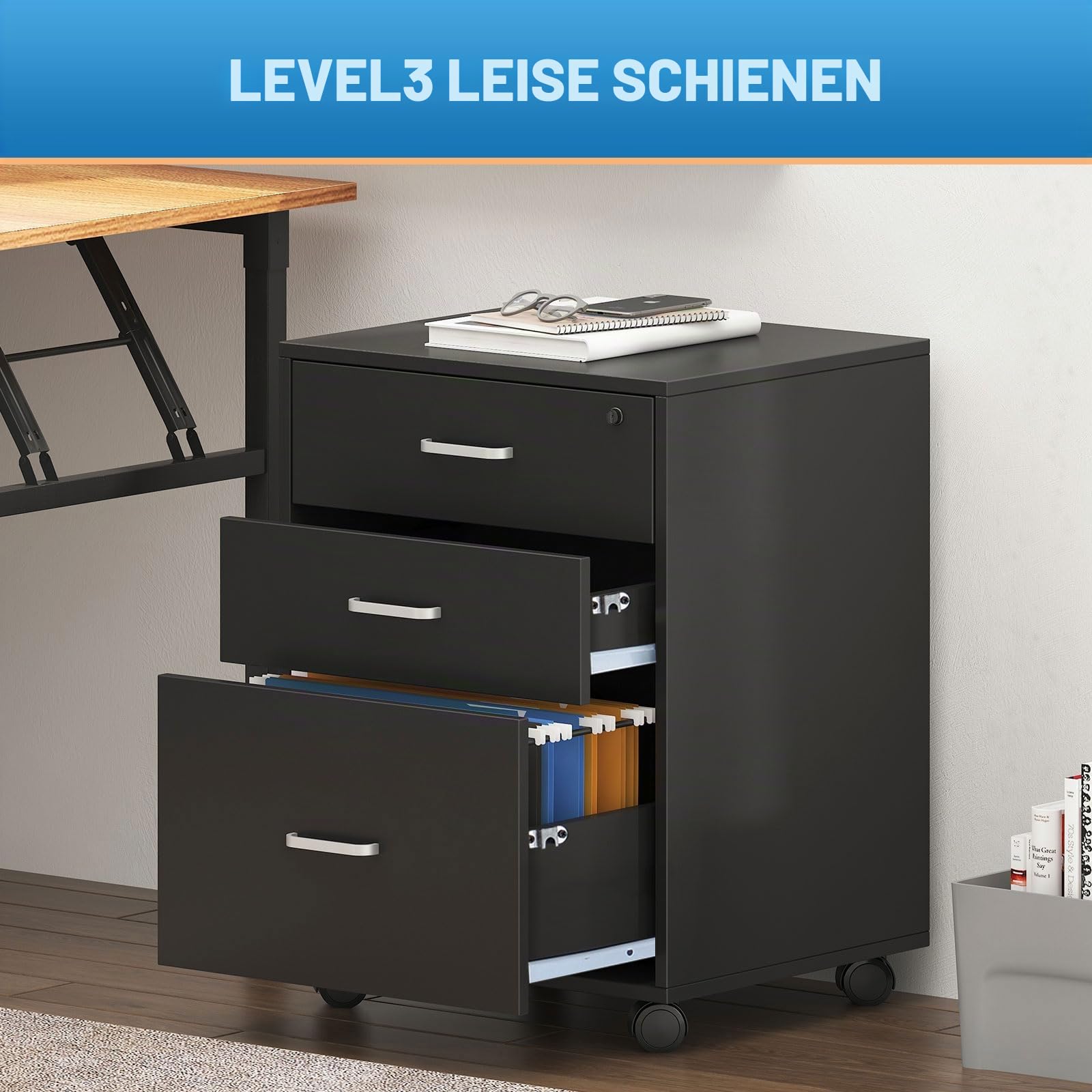SogesHome Aktenschrank mit 3 Schubladen, Aktenschrank auf Rollen, Mobile Aufbewahrungsbox mit Rollen, Büroschrank, abschließbar, Schwarz