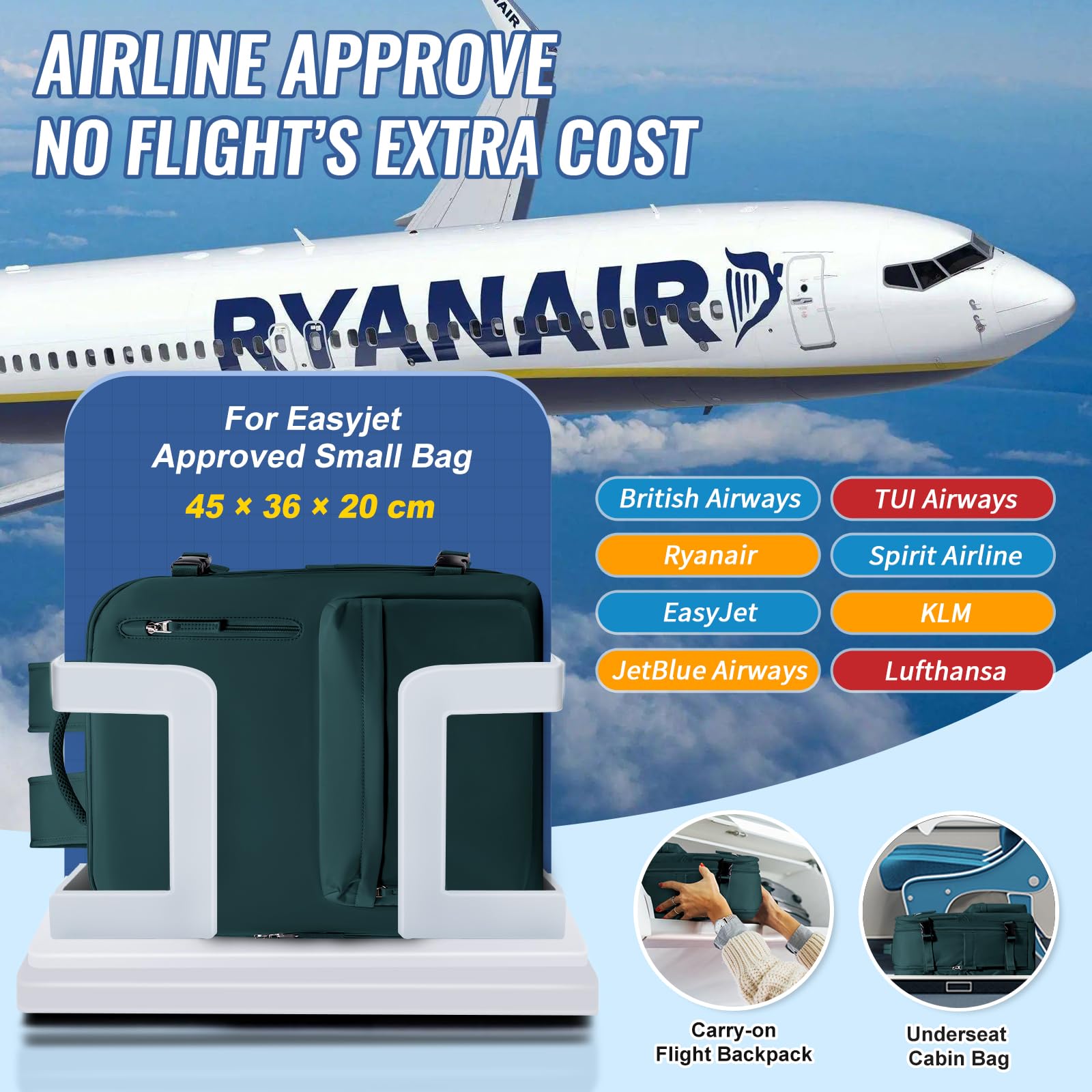 SZLX Zaino Ryanair 40x30x20 Sottovuoto Bagaglio a Mano 40x20x25 Donna Zaino da Viaggio 40x30x20 Wizzair Borse da Cabina per Easyjet 45x36x20 Uomo per Laptop 14 Pollici con Porta USB e Porta Scarpe