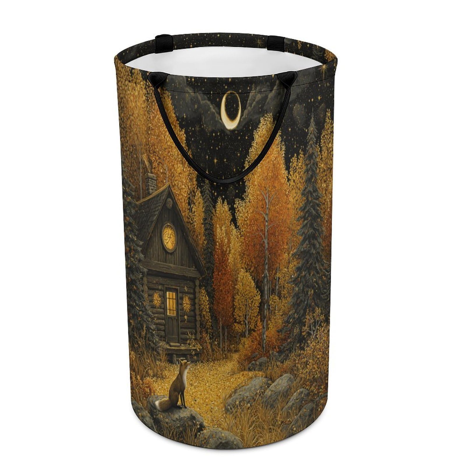 LUYYSKY Beautiful Cute Wildlife Fox Collapsible Dirty Clothes Basket, Vintage Abstract Autumn Forest Log Cabin Barn Animals Fox Portable Clothes Storage Basket
