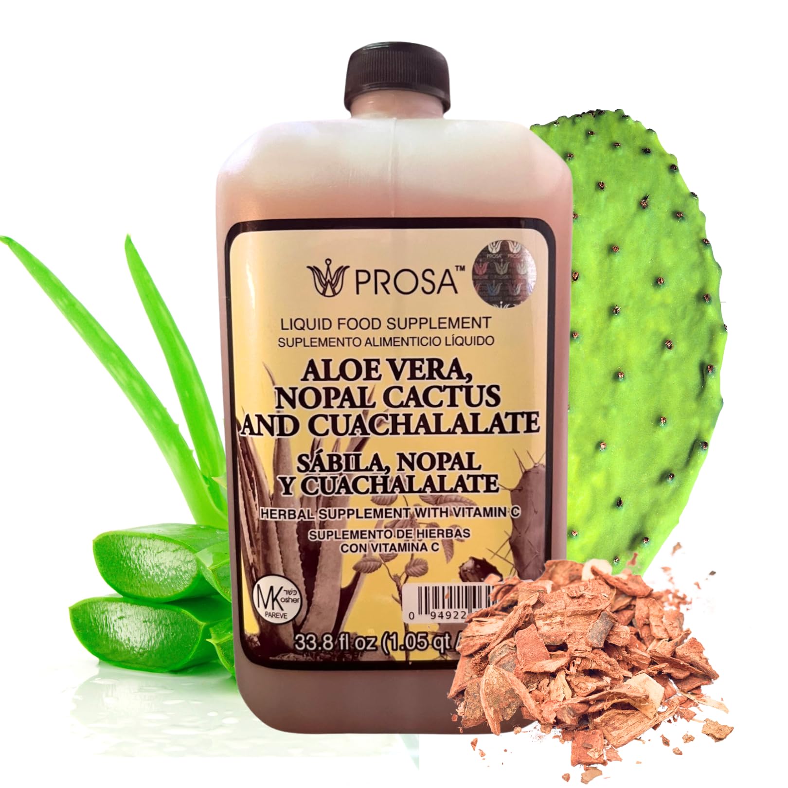 PROSA Aloe Vera, Nopal Cactus, and Cuachalalate Herbal Supplement – 33.8 fl oz (1.05 qt / 1L) – with Vitamin C for Digestive & Immune Support